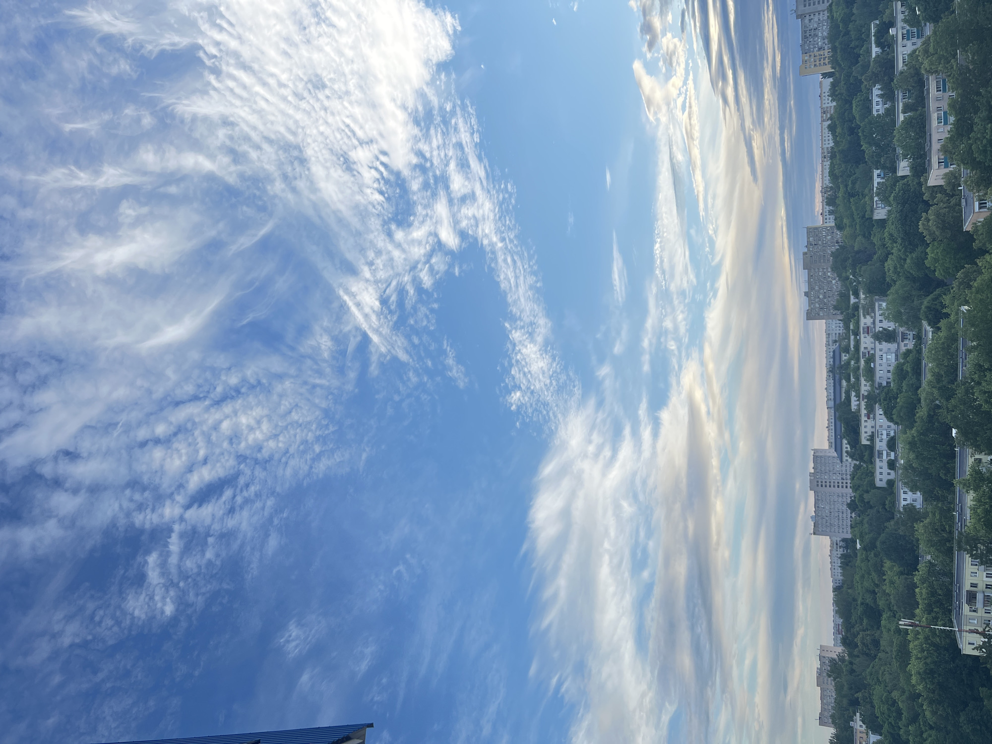 The image displays a city skyline from an elevated perspective, oriented vertically. The scene depicts a clear blue sky filled with wispy white clouds, indicative of fair weather. The lower portion of the image features a dense line of green trees bordering a series of apartment buildings. These buildings are of varying heights and architectural styles, with a notable prevalence of light-colored facades and numerous windows. The setting appears to be a residential area within a city.
The lighting suggests it is either early morning or late afternoon, given the soft illumination and the elongated shadows that would be cast, though the shadows are not clearly visible. The composition, with the sky dominating the upper half and the cityscape below, creates a sense of vastness and the juxtaposition of nature and urban development. The clouds are dynamic, appearing streaky and feathery, stretching across the sky. There is no text visible in the image. The overall mood is serene and tranquil, capturing a typical urban landscape under a bright sky. The location context provided is Minsk, Belarus, which aligns with the architectural style of the buildings.