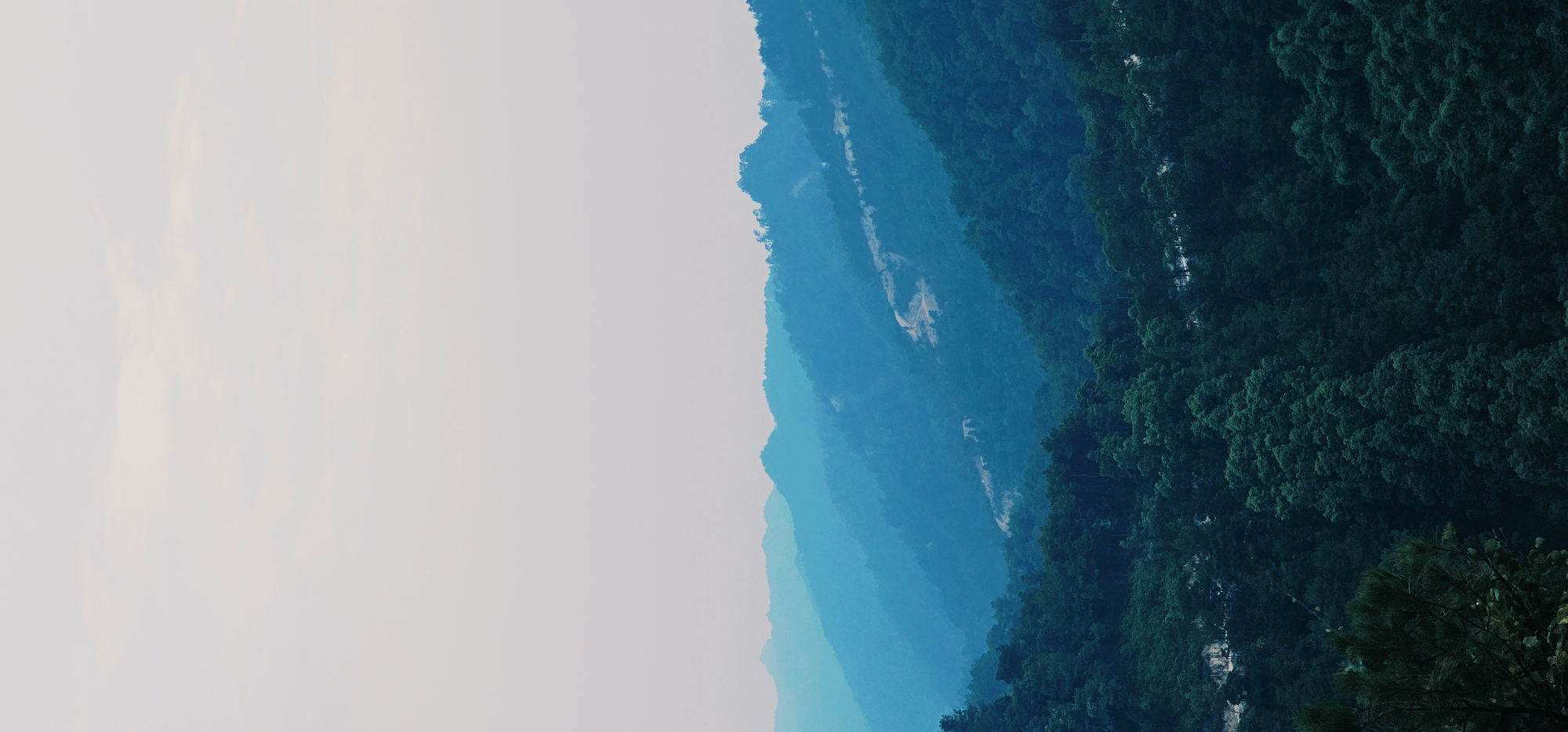 This is a vertical, full-shot, natural light photograph of a dense, lush forest covering rolling hills. The scene depicts a mountainous landscape with layers of hills receding into the distance, rendered in varying shades of green and blue due to atmospheric perspective. The closest hills are a deep, dark green, becoming progressively lighter and more bluish with each subsequent layer, creating a sense of depth. The sky above is a pale, hazy pinkish-white, suggesting either dawn or dusk. There are no visible people, structures, or man-made objects, except for what appears to be a light-colored dirt road or path winding up one of the middle hills. The image appears to be a scenic view of the natural environment within the Chongqing High-tech Zone, China.