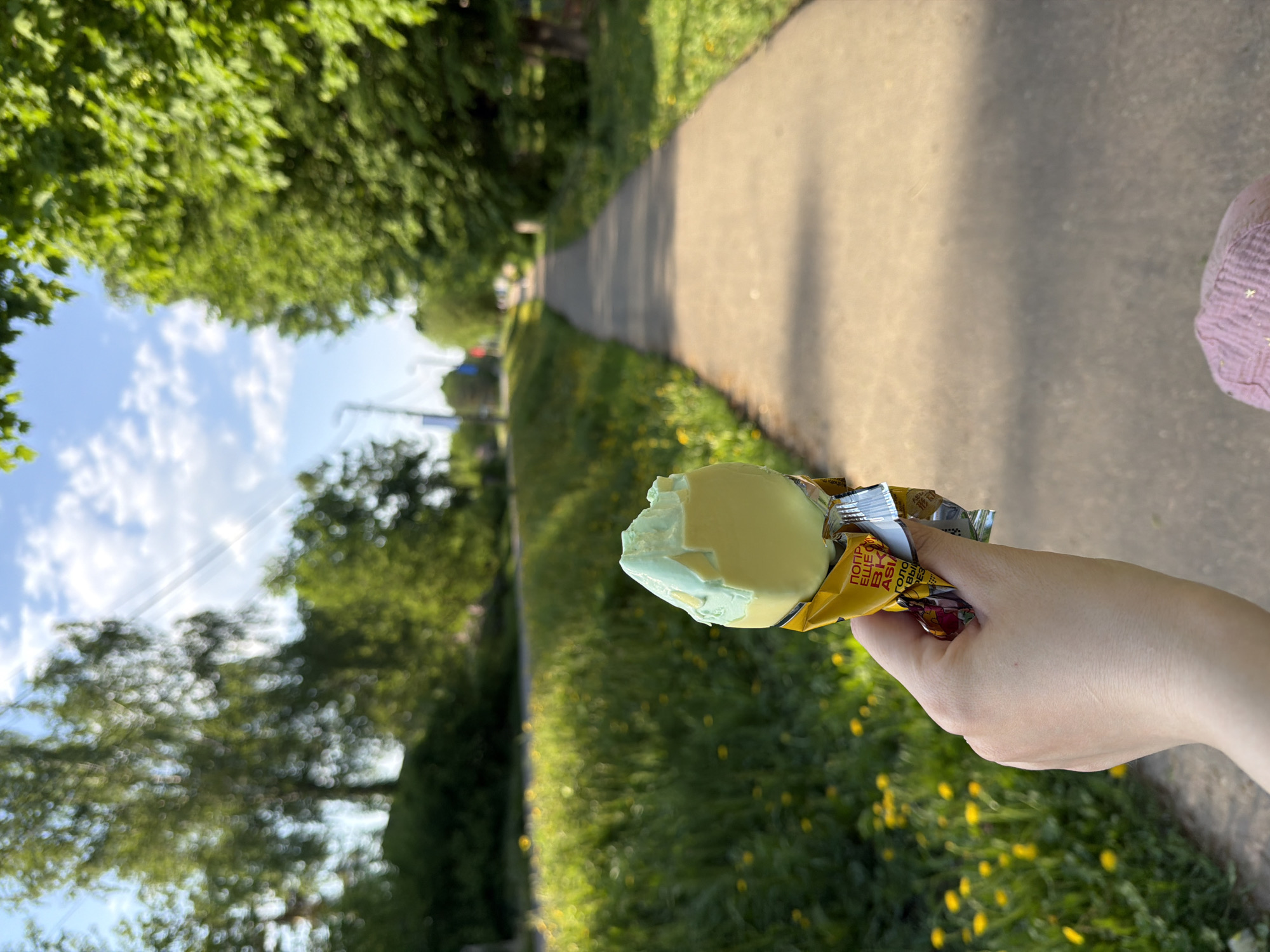 A person holds a partially eaten ice cream cone in front of a sidewalk. The sidewalk runs through a grassy area with dandelions and is lined with trees. The photo appears to be taken outdoors in Reshetnikovo, Russia. The text on the ice cream wrapper is in Russian. The subject of the photo is the ice cream cone, the person holding it, and the outdoor setting of Reshetnikovo, Russia.