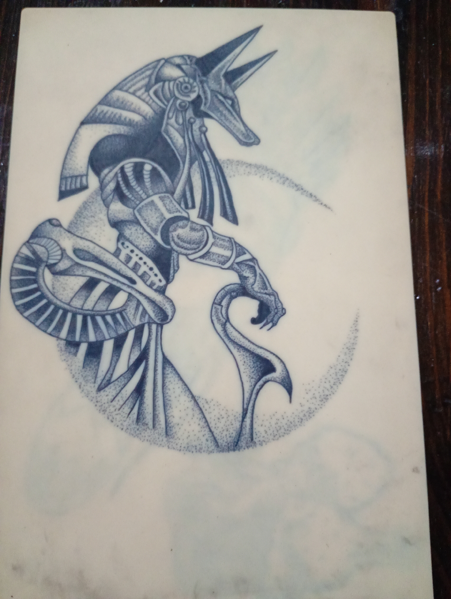 The image shows a drawing of Anubis, the Egyptian god of embalming and the afterlife. The drawing is done in a dotwork style, using small dots to create the image. Anubis is depicted in his traditional form, with the head of a jackal and the body of a man. He is wearing a headdress and a collar, and his arms are crossed. He is standing in front of a crescent moon shape. The drawing appears to be on a sheet of paper, which is resting on a dark wood surface. There is no information to indicate a location in Roza, Bulgaria.