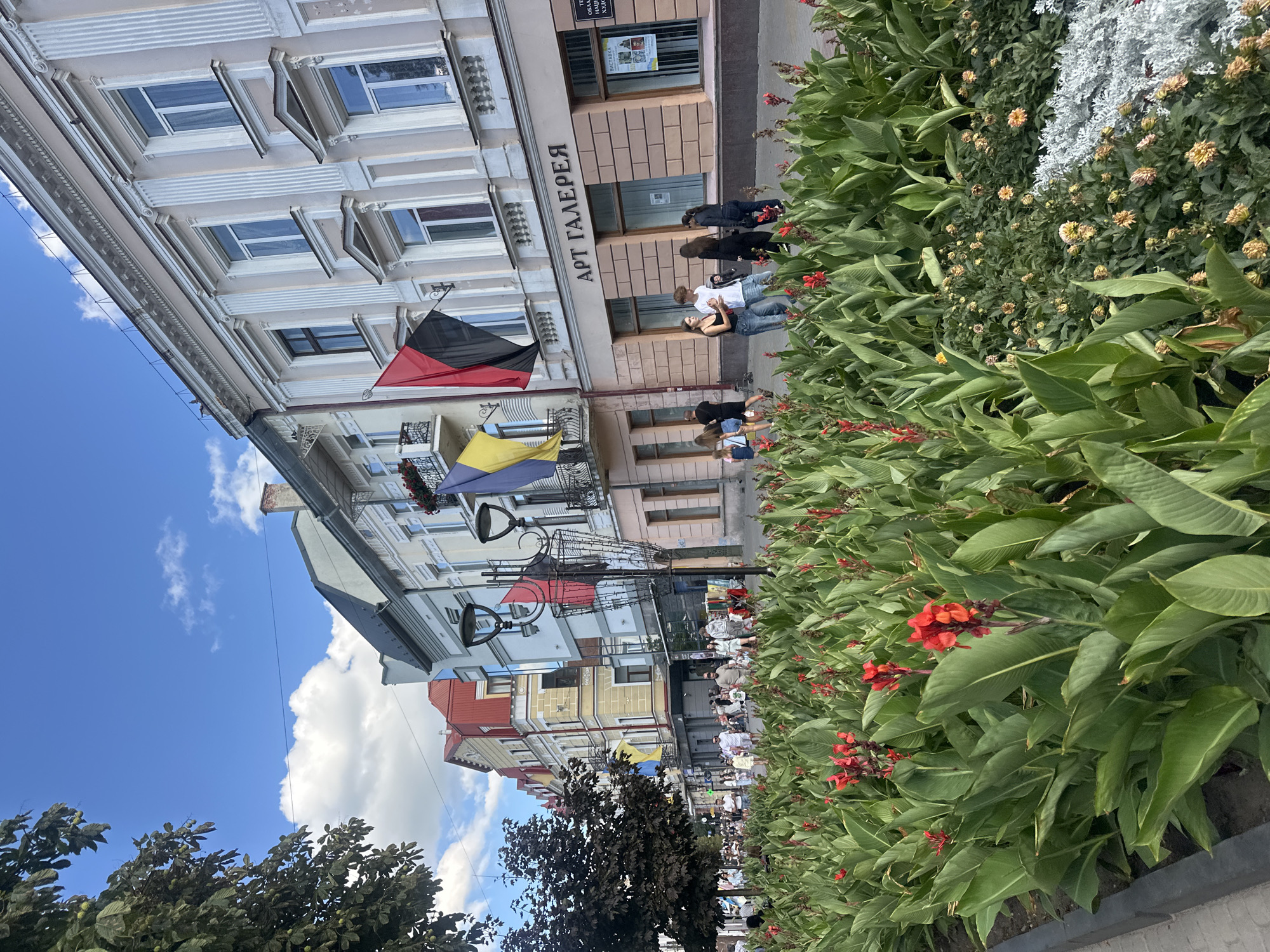 The image shows a street scene in Ternopil, Ukraine. In the foreground, a well-maintained flower bed with lush green foliage and red Canna lilies is visible. Beyond the flower bed, a paved sidewalk runs alongside a street lined with buildings. People are walking on the sidewalk. One building has a sign with Cyrillic text that reads "АРТ ГАЛЕРЕЯ," indicating an art gallery. Ukrainian flags are displayed on the buildings. The sky is blue with scattered white clouds. The overall impression is of a lively and well-kept urban environment.