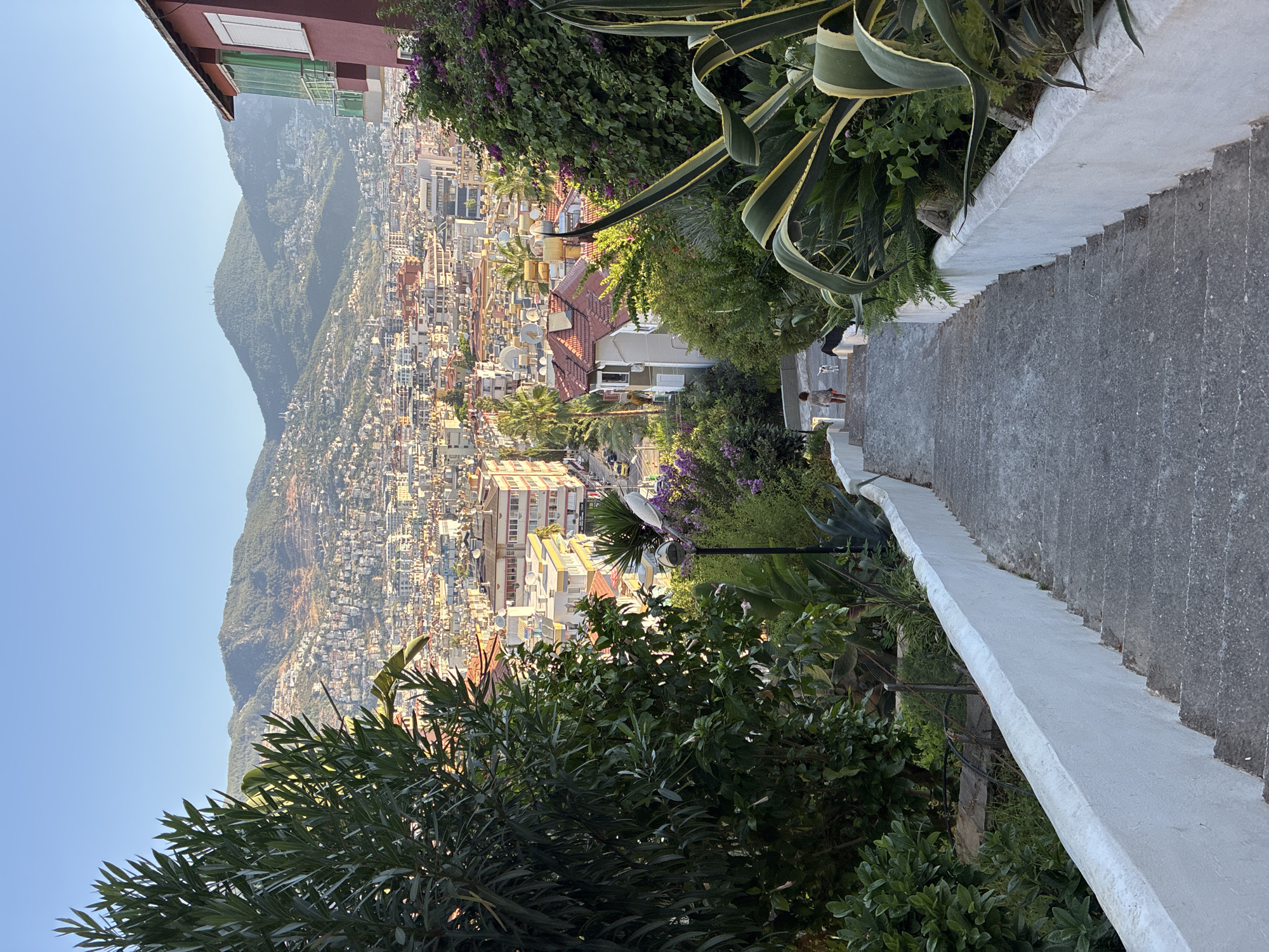 This is a high-angle, full outdoor shot taken on a clear day in Alanya, Turkey. A concrete staircase with white railings descends from the foreground, flanked by lush green foliage and flowering plants. At the bottom of the stairs, a young person and two small dogs are walking away from the camera. In the midground and background, the cityscape of Alanya unfolds, characterized by densely packed buildings with red-tiled roofs and apartment complexes. Beyond the city, rolling green hills rise, some dotted with buildings and a clear blue sky overhead. The scene is illuminated by the warm light of either sunrise or sunset, casting long shadows and highlighting the textures of the architecture and natural elements.