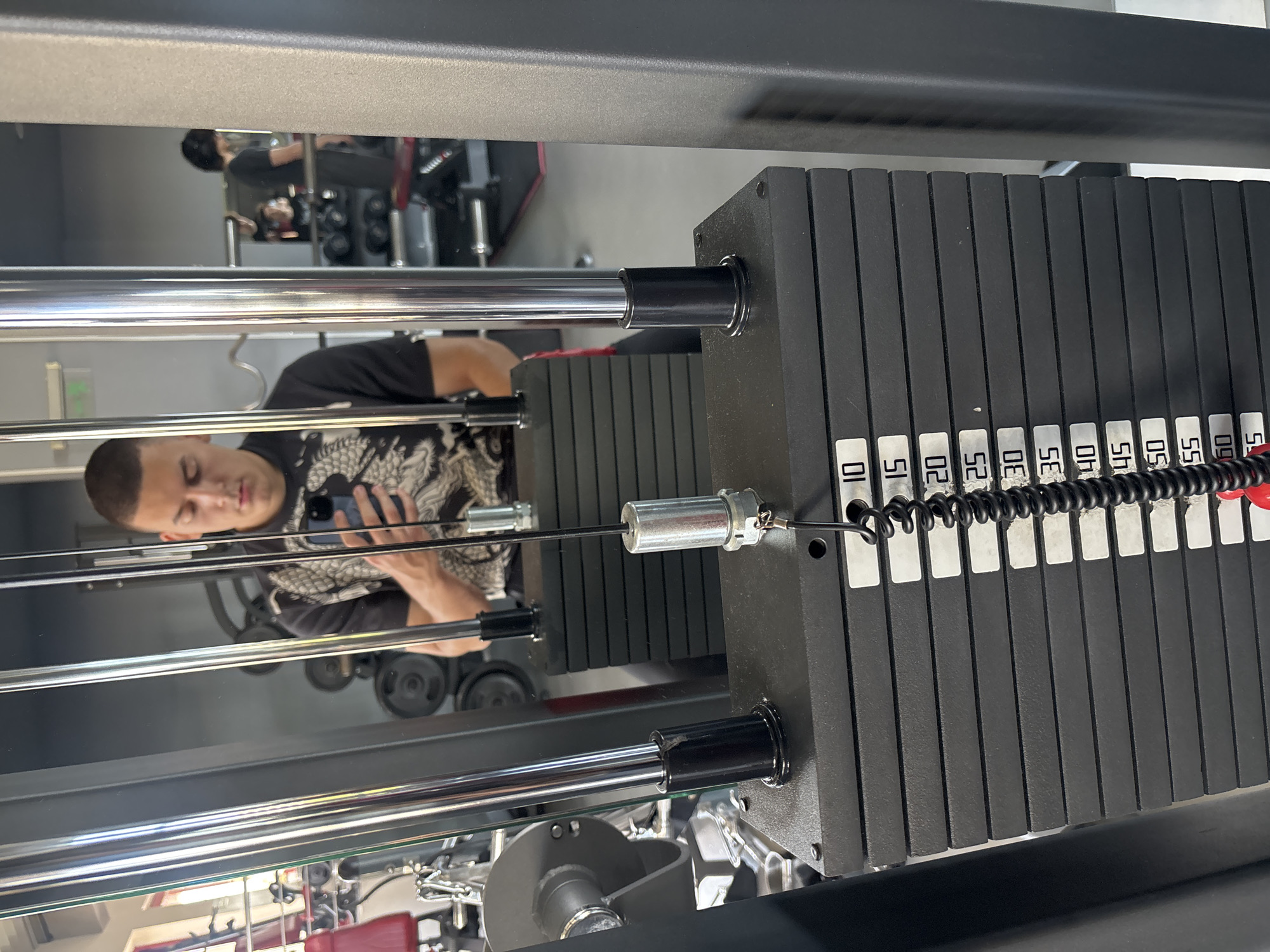 This close-up, vertically oriented image captures a gym setting, focusing on the weight stack of a fitness machine. In the foreground, a stack of black weight plates is prominently featured, each marked with white numbers: 10, 15, 20, 25, 30, 35, 40, 45, 50, 55, 60, and 65. A black coiled cable is attached near the top right of the stack, with a metal selector pin inserted into the plate marked "60", indicating the selected weight.
Several chrome poles run horizontally across the frame, part of the gym machine's mechanism. These highly reflective surfaces, along with a larger mirrored wall behind them, reflect a young man. He has short, dark hair and is wearing a dark t-shirt with a distinctive light-colored dragon or patterned design. He is seen holding a smartphone, seemingly engrossed in it. His reflection shows him looking down at the phone, with a neutral expression.
In the background reflection, other gym equipment such as red-cushioned benches and various weights are visible, confirming the indoor gym environment. The image appears to be a casual selfie or a shot taken by the man himself, using the reflective surfaces within a gym located in Plovdiv, Bulgaria.