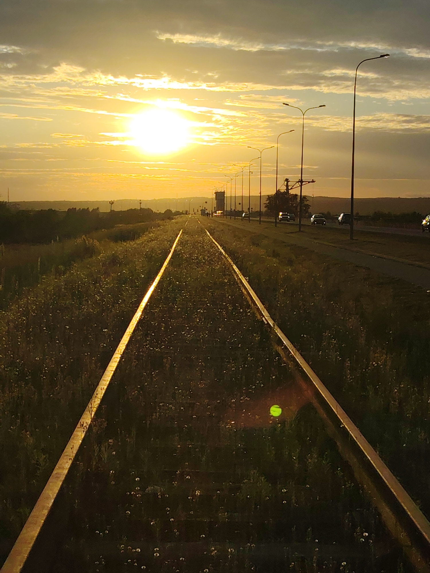 The image depicts a railway track disappearing into the distance towards a setting sun, casting a warm golden glow. The tracks are overgrown with grass and small white flowers. To the right of the tracks, a road runs parallel, with streetlights lining its edge. Several cars are visible on the road. In the background, a hazy treeline and rolling hills are silhouetted against the vibrant sky. A tall, industrial-looking structure is also visible in the distance, to the left of the road. The overall impression is one of a serene, rural-urban transition at dusk. This scene is likely located near the city of Chaikovsky, Russia, given the context.