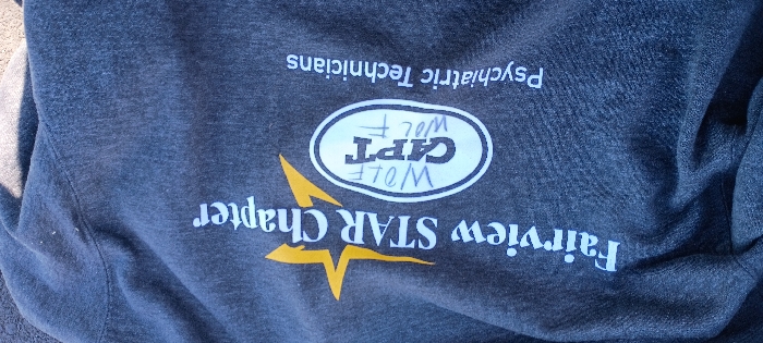 A dark heather grey, long-sleeved garment, consistent with a sweatshirt, is depicted laid flat in an outdoor environment. The garment is oriented vertically, displaying printed text and graphics on its surface. Prominently featured is "Fairview STAR Chapter" in white text, accompanied by a yellow five-point star graphic positioned above and to the left of "STAR." Below this, an oval logo with a white outline contains the central text "CAPT" in dark blue/grey, flanked by smaller, lighter purple/grey "WOLF" text above and below. Below the oval logo, additional white text reads "Psychiatric Technicians." The fabric exhibits minor pilling. The garment rests on a textured, uneven surface, consistent with concrete or asphalt pavement, illuminated by natural light that creates both shadows and direct highlights. The scene is located in Rohnert Park, United States; however, the image itself does not contain visual identifiers of this specific municipal location.