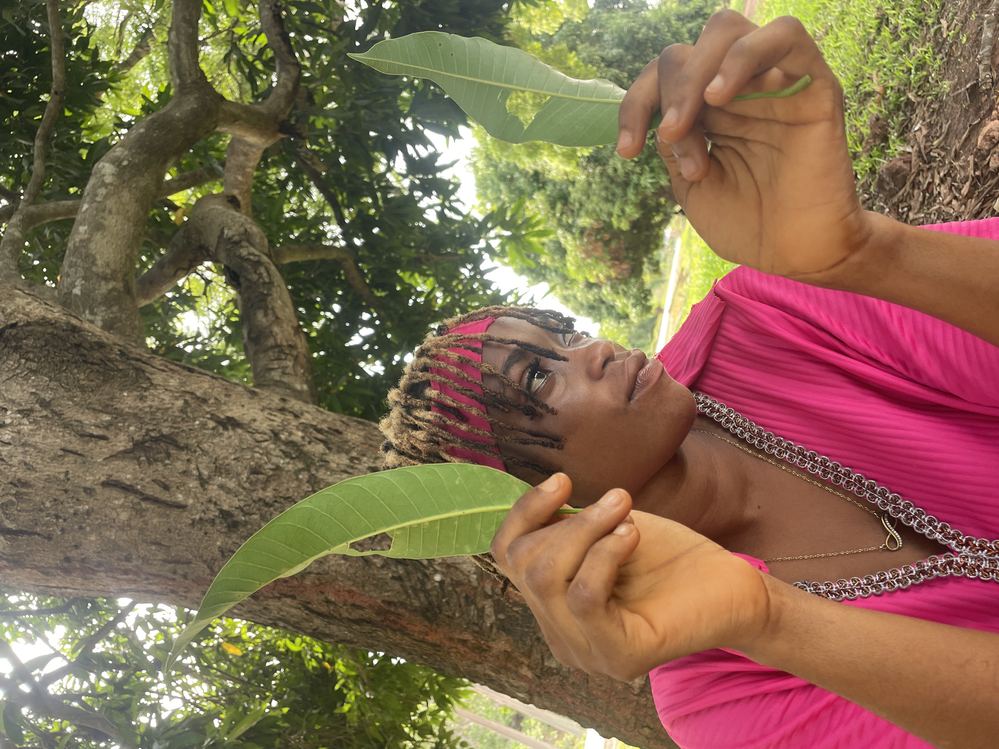 A person is captured in a close-up, outdoors, holding two green mango leaves, one in each hand, and looking upwards and to the right with a contemplative expression. The individual has dark skin and dreadlocks, partially covered by a vibrant pink headband. They are wearing a brightly colored pink garment, possibly a pleated dress or top, featuring an embroidered neckline with intricate silver and brown patterns. A delicate gold chain with a small infinity symbol pendant is visible around their neck. The mango leaves show some natural damage, with small holes or tears.
The setting is a lush, natural environment, characterized by large trees with thick, textured trunks and abundant green foliage forming a canopy overhead. Bright natural light filters through the leaves, suggesting it is daytime, likely mid-morning or afternoon, creating a serene atmosphere. Hints of green grass and earthy ground are visible in the background. The scene evokes a moment of connection with nature, consistent with an outdoor location like Ogbe, Nigeria. No text is visible in the image.
