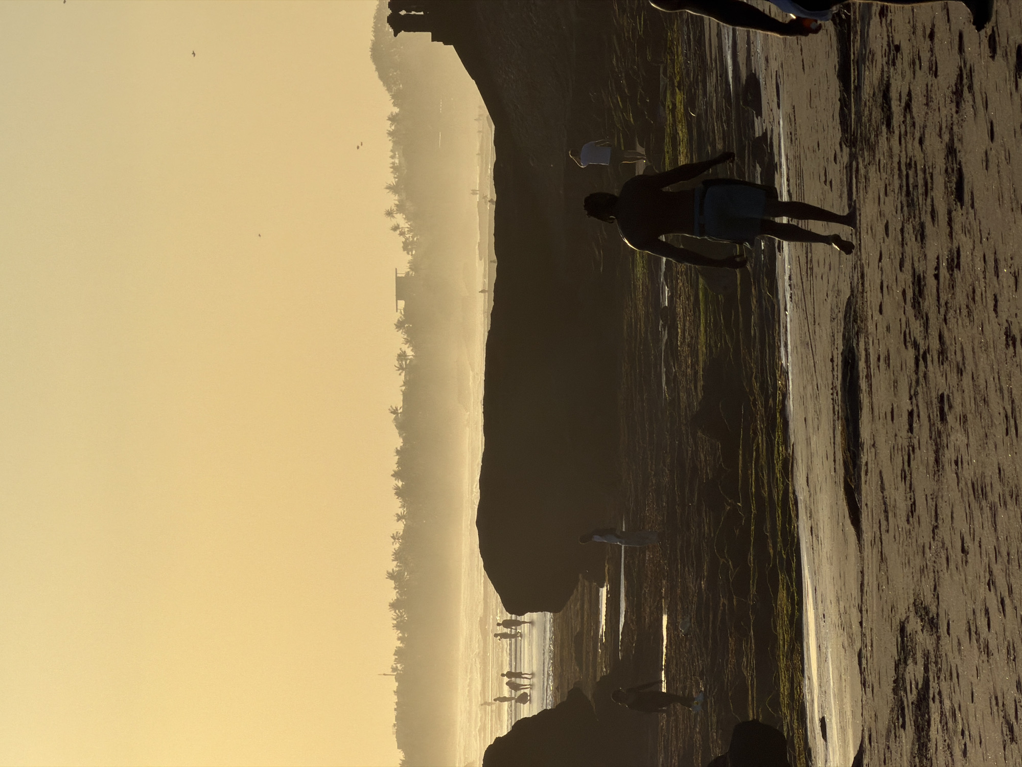 This is a vertical, full-frame photograph of a beach at sunset. The sky is a soft, hazy yellow-orange, with some birds flying in the distance. A silhouetted treeline with palm trees is visible in the background, suggesting a tropical location. In the middle ground, a rocky shoreline is exposed by the low tide, with several people walking on the wet sand and amongst the rocks. The water is calm with gentle waves. In the foreground, two men are walking on the sandy beach, silhouetted against the light. One man is closer to the camera, facing away, wearing shorts. The other man is further away, also facing away. The beach is sandy with some scattered rocks and patches of moss. The overall impression is one of a serene evening at a beach in North Kuta, Indonesia.
