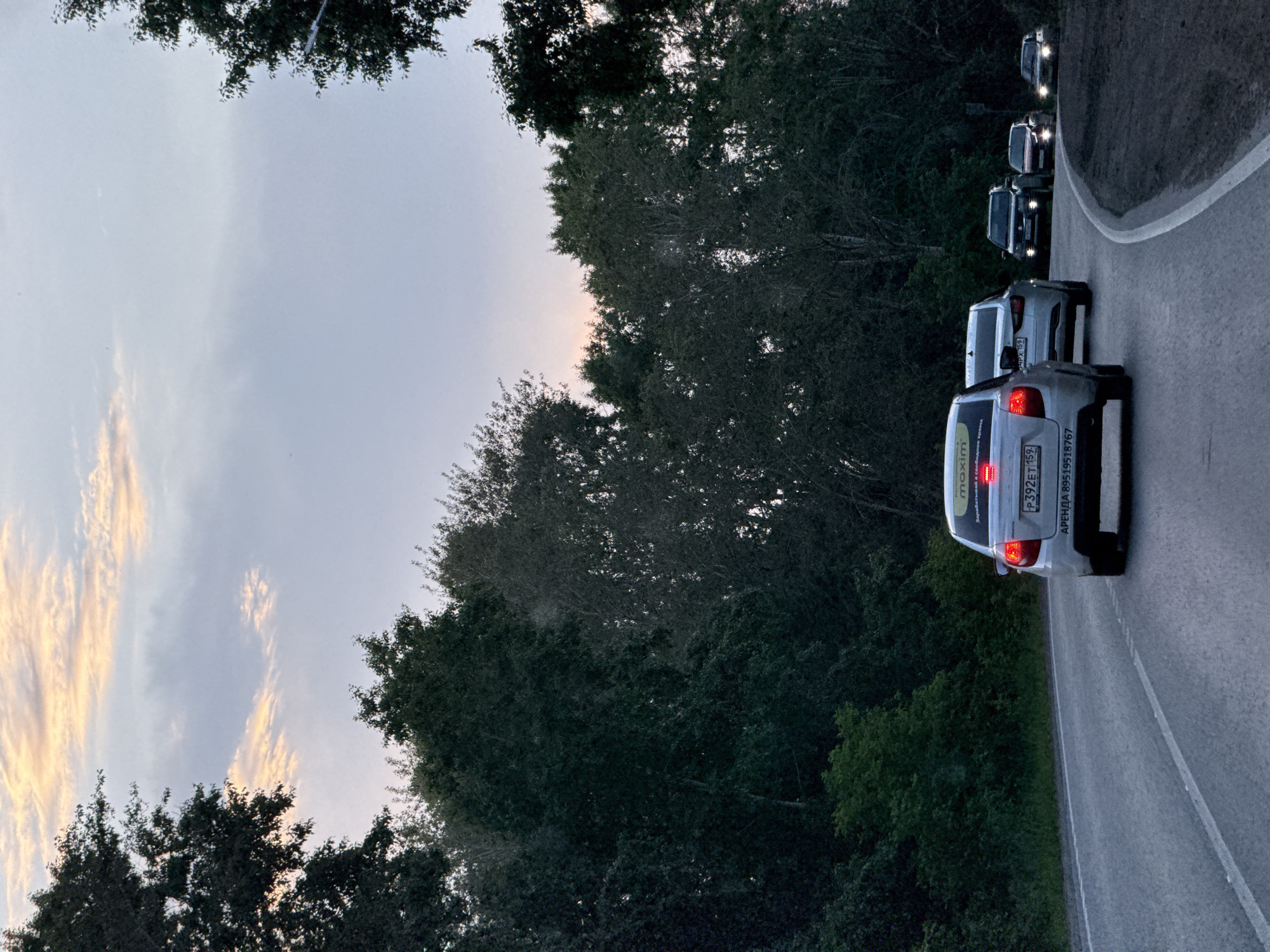 The image depicts a road in Chaikovsky, Russia, likely during twilight or early evening. Several cars are traveling on a paved road lined with dense trees on both sides. The sky above is a soft gradient of pale blue and pinkish hues, with scattered clouds. The road curves to the right, with a white lane marker visible. The foreground features the rear of a light-colored sedan with its brake lights illuminated. A license plate reading "P392ET 159" is visible, along with text that appears to be "АРЕНДА 89519518767". Above this text, a logo for "maxim" and Russian text indicating "working in free time" are present on the car's rear window. Behind this car, other vehicles are visible in the distance, including a white sedan, a dark SUV, and two smaller cars. The overall atmosphere is that of a typical evening commute or journey along a forested highway.