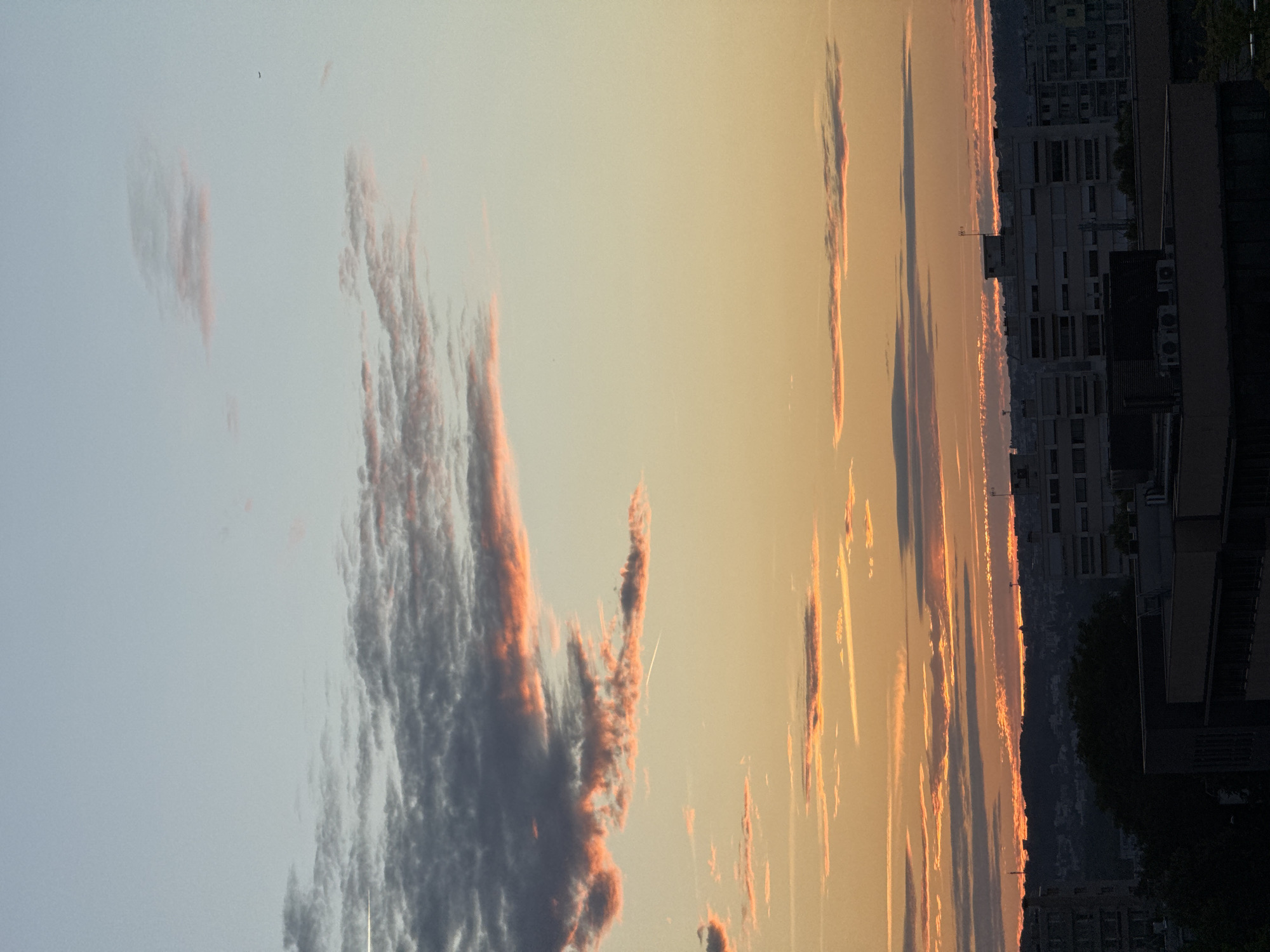 An outdoor, vertical, medium shot captures a dusky sky above a city's skyline. The sky is a gradient of pale blue at the top, transitioning to shades of pale orange and yellow closer to the horizon, with thin, wispy clouds painted with streaks of pink and gray. A small, dark airplane is visible in the upper right quadrant of the image, leaving a faint contrail. Below the sky, a dense urban landscape unfolds. The foreground is dominated by the dark silhouettes of buildings, some of which appear to be apartment complexes with visible windows and air conditioning units. In the middle ground, a series of lighter-colored, multi-story buildings form a more distant layer of the city, with some structures appearing to be residential or office buildings. A dark, tree-covered hill with a few scattered buildings forms the furthest background before meeting the horizon. The overall impression is of a city at dusk or dawn, with the natural beauty of the sky contrasting with the man-made structures below.