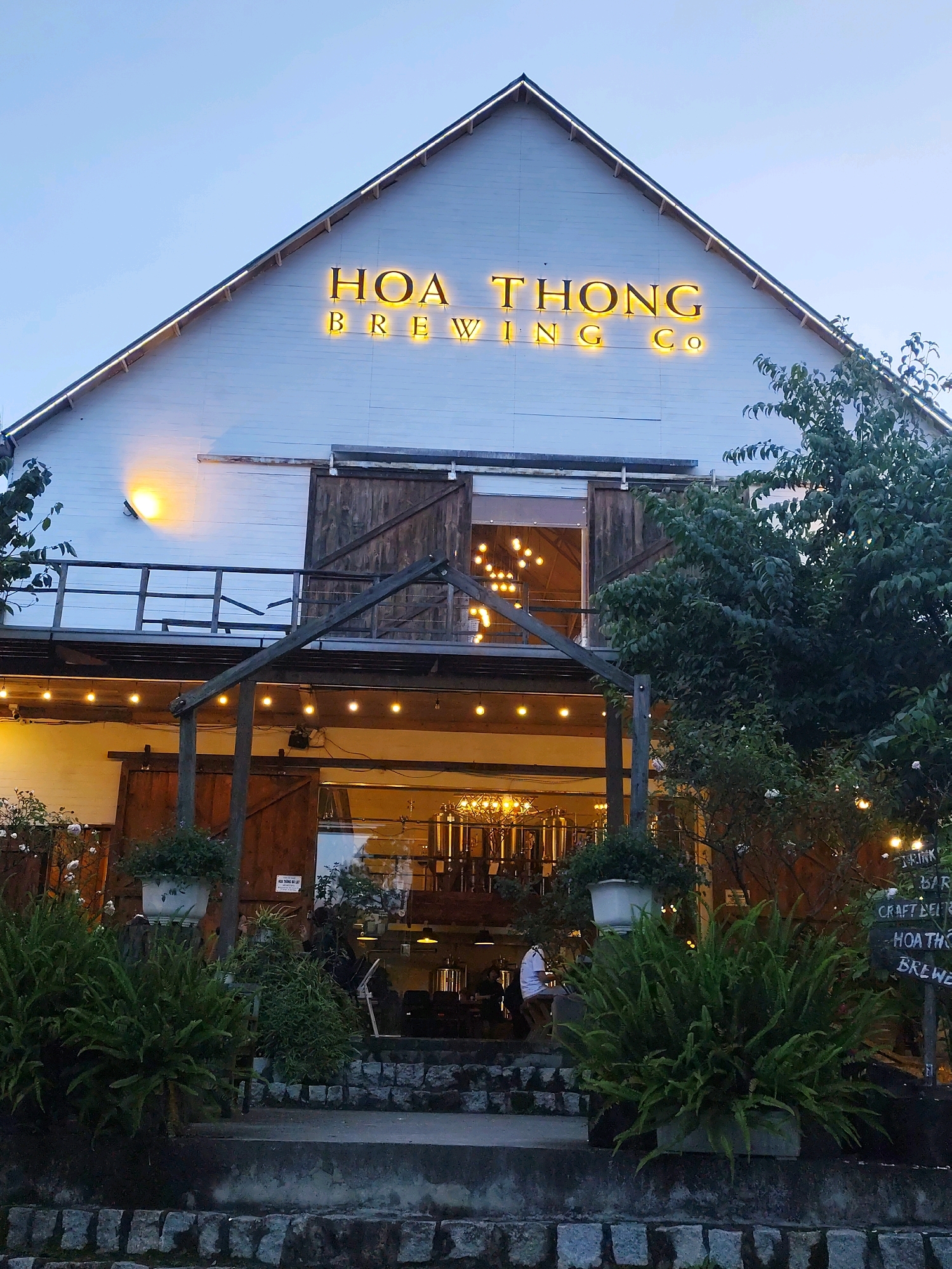 This image depicts the exterior of the Hoa Thong Brewing Co. in Da Lat, Vietnam, at dusk. The building, a white barn-like structure with a prominent gable roof, is illuminated by warm, glowing yellow letters spelling out "HOA THONG BREWING CO." A large set of wooden barn doors is open on the upper level, revealing a balcony with a railing and strings of Edison bulbs hanging below. Below this, another set of wooden doors is also open, leading into the brewery. Inside, large stainless steel brewing tanks are visible.
The entrance area is adorned with more string lights, and lush greenery, including ferns and bushes, flanks the stepped stone walkway leading up to the building. A person in a white shirt is seated on a stool near the entrance. To the right, a rustic wooden sign lists "DRINK BAR CRAFT BEER HOA THONG BREWE". The sky is a pale, clear blue, indicating the transition from day to night. The overall scene suggests a welcoming and atmospheric brewery setting.