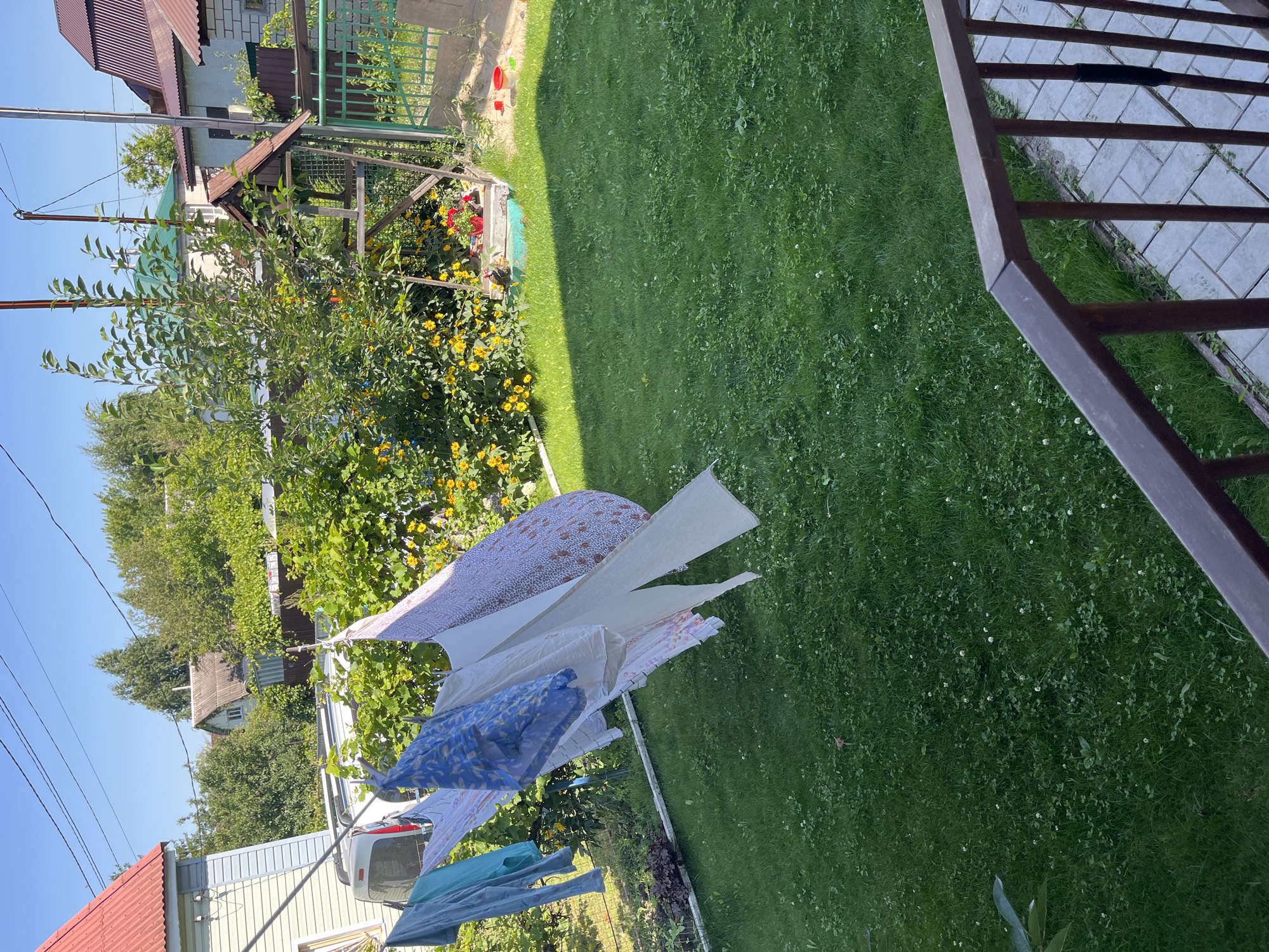 This is a medium shot of a backyard on a sunny day. In the foreground, a brown railing with vertical slats frames the bottom right corner of the image. A paved walkway is visible beyond the railing. The main focus of the scene is a clothesline filled with laundry, stretching across the yard from left to right. Several items of clothing, including a blue t-shirt, a patterned blue and white garment, and a white sheet, are hanging on the line, some billowing in the breeze. Behind the clothesline, a well-maintained green lawn covers the majority of the yard. Further back, there is a dense bush with yellow flowers, and a small wooden structure that appears to be a bird feeder or playhouse. A green metal fence marks the boundary of the property. Several houses and trees are visible in the background, indicating a residential area. The sky is clear and blue, suggesting fair weather. This scene is consistent with a suburban or rural backyard in Kazinka, Russia, likely during the summer months.