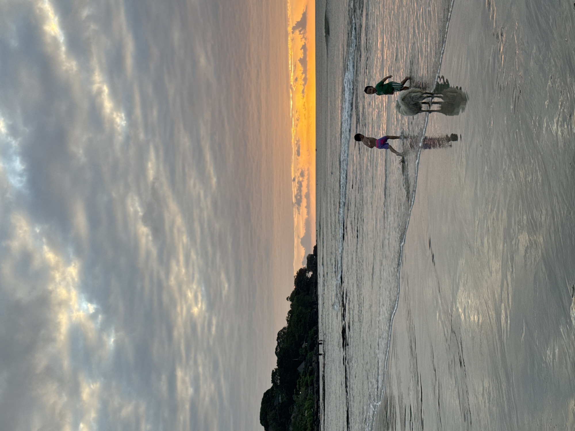 A wide shot captures a serene sunset scene at a beach in Kuta Selatan, Indonesia. The sky is a canvas of muted grays and soft oranges, with textured clouds stretching across the horizon. The sun, a brilliant burst of yellow, peeks through a gap in the clouds over the calm ocean. Gentle waves lap at the shore, reflecting the sky's muted glow on the wet sand.
In the foreground, two young boys are wading in the shallow water. One boy, wearing colorful patterned shorts, runs towards the left side of the frame. The other boy, in a green t-shirt and striped shorts, stands further to the right. Between them, a fluffy, light-colored dog, possibly a sheepdog, stands facing the boys, its reflection mirrored on the wet sand.
In the mid-ground, a lush, tree-covered hill rises from the coastline, with a few structures visible amongst the foliage. Several figures can be seen walking along the shore on the left side of the frame. The overall atmosphere is peaceful and tranquil, suggesting a relaxed end to the day at this Indonesian beach.