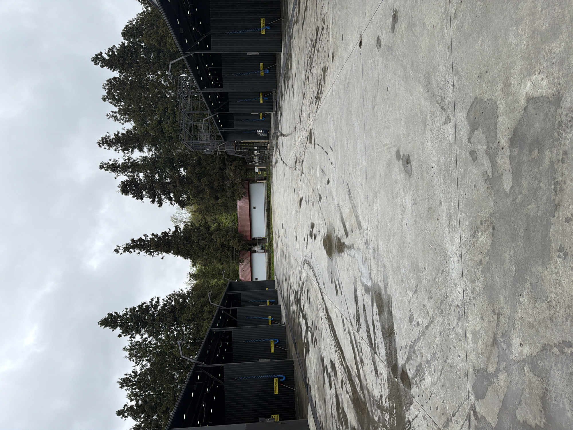 The image shows an outdoor area with a concrete floor and a row of covered structures along one side. The structures appear to be open-air stalls or bays, possibly for washing vehicles. There are trees visible behind the structures. The concrete floor has marks and discoloration, indicating possible use or staining. The sky is overcast. The location is Tsinsvla, Georgia.