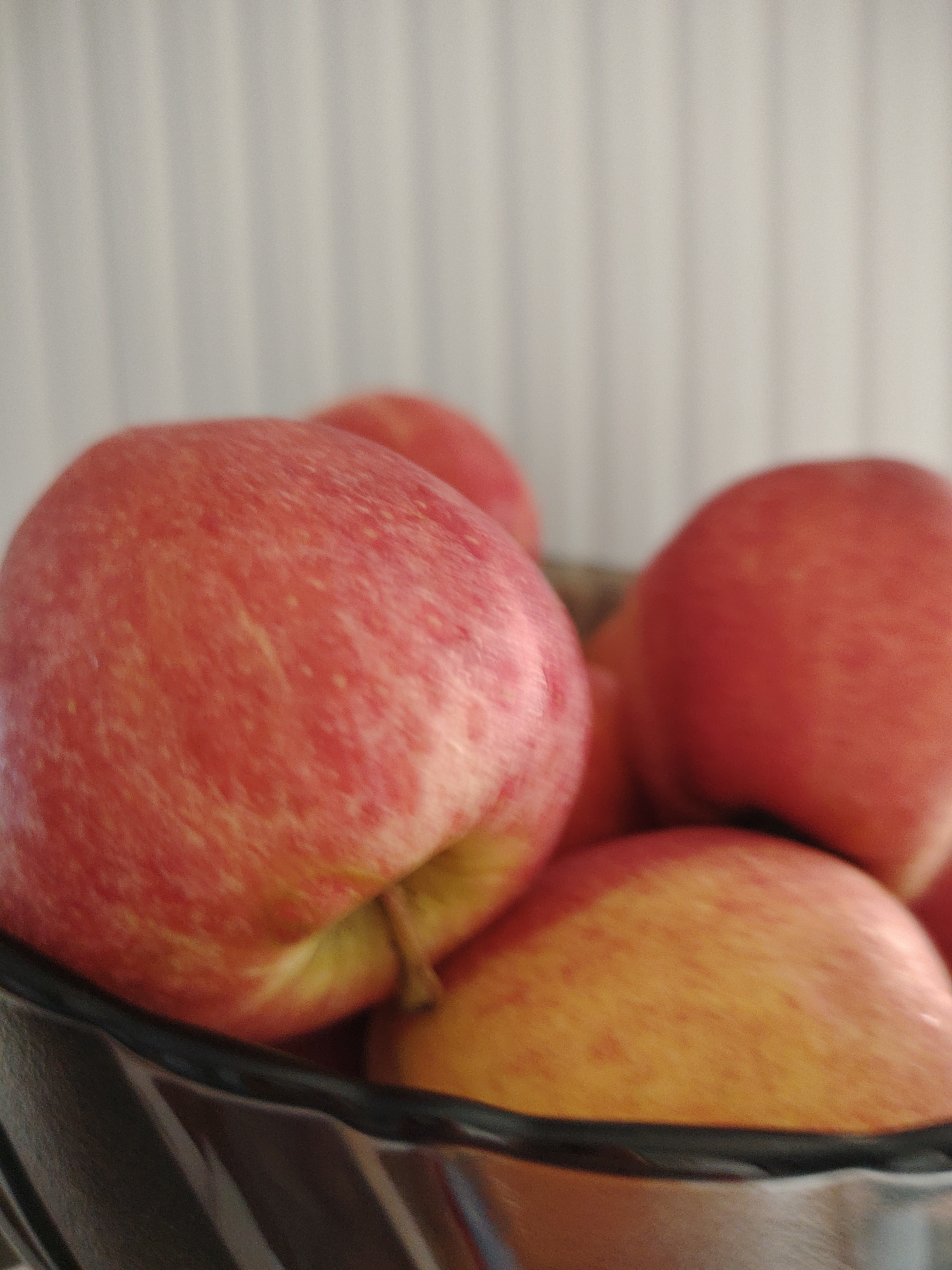 The image shows a close-up view of a bowl filled with red and yellow apples. The apples are the primary subjects, with their textured skins and rounded forms filling most of the frame. The bowl appears to be made of dark, possibly metallic material with a reflective surface. In the background, there is a blurred white surface with vertical lines, suggesting a wall or a blind. There are no people or any signs of human activity. The lighting is soft, casting gentle shadows. The scene is indoors and appears to be a still life. The location is noted as Кривец, Russia.