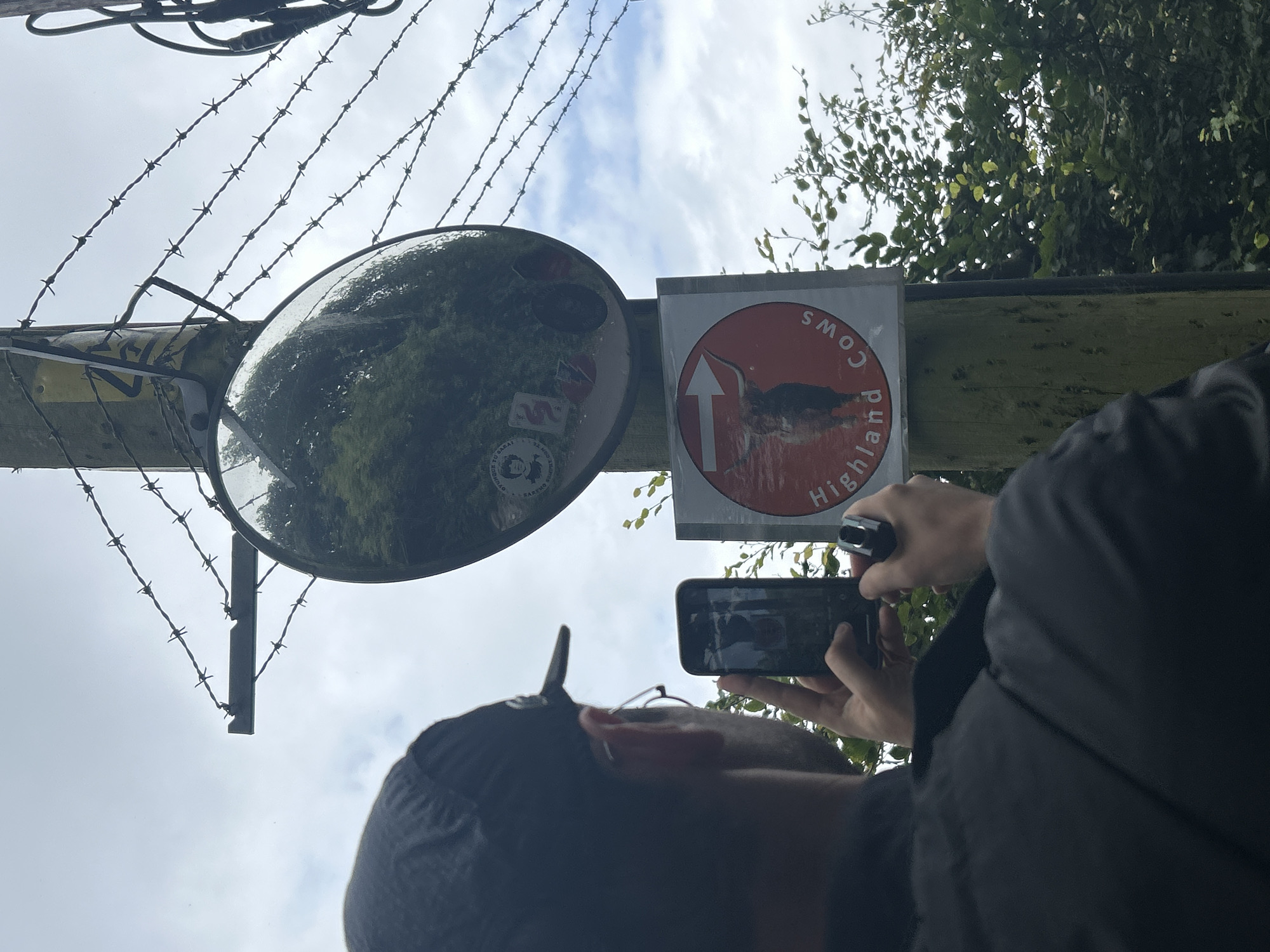 A person wearing a black cap and dark jacket holds a smartphone in their right hand, taking a photo of a sign attached to a wooden post. The sign, circular with a red border, displays a white arrow pointing to the right, above a drawing of a Highland cow, with the words "Highland Cows" written in a curved text below. A convex mirror is mounted above the sign on the same post. Barbed wire runs across the top of the frame, attached to the post and another structure. The background consists of trees and a cloudy sky.
