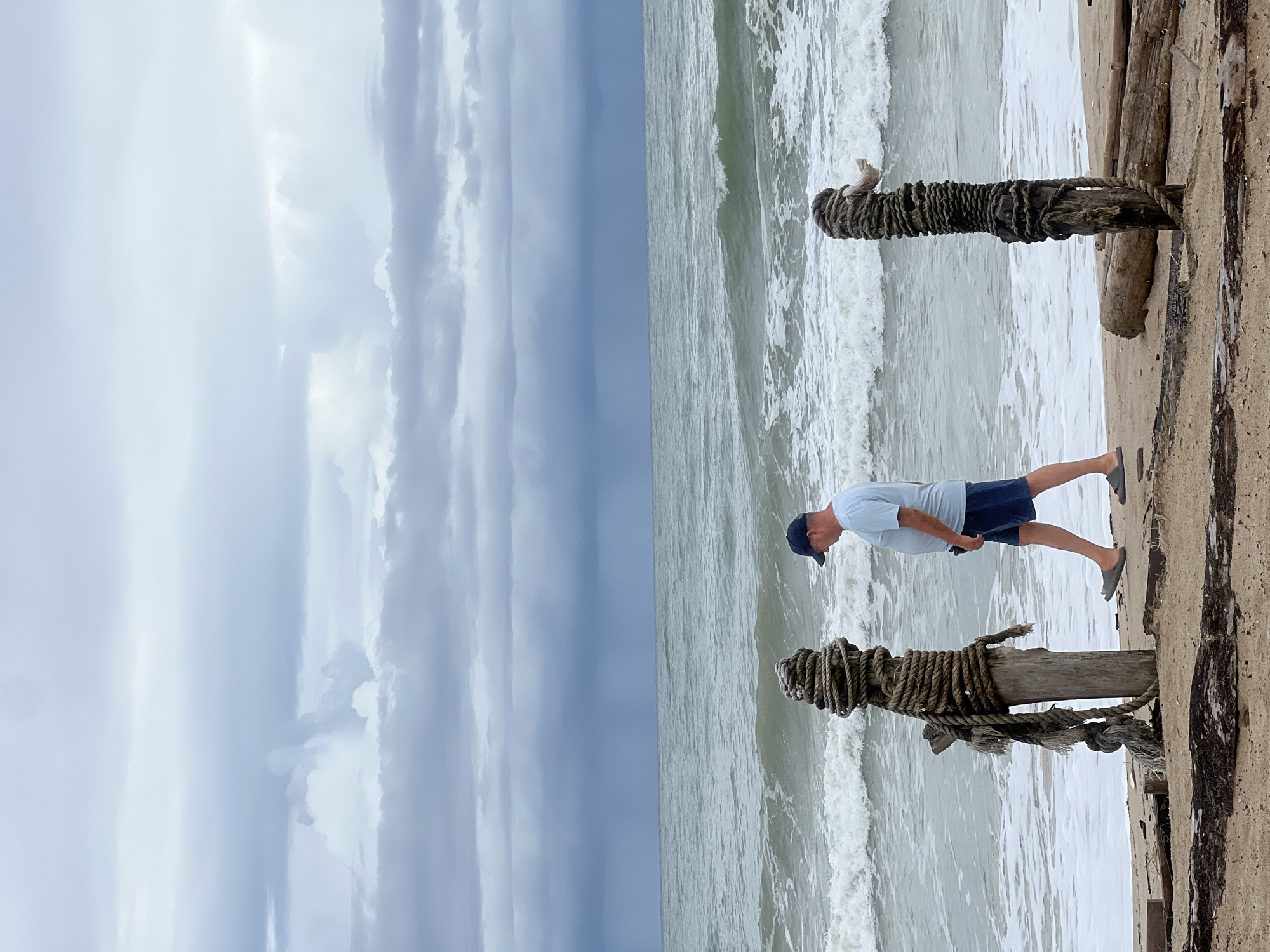 A man wearing a light blue t-shirt, dark blue shorts, a dark blue baseball cap, and gray sandals walks along a beach. He is looking down. The beach is sandy with debris and logs scattered on the ground. Two wooden posts wrapped in rope stand on the beach. The ocean is in the background with waves crashing on the shore. The sky is overcast with dark clouds.
