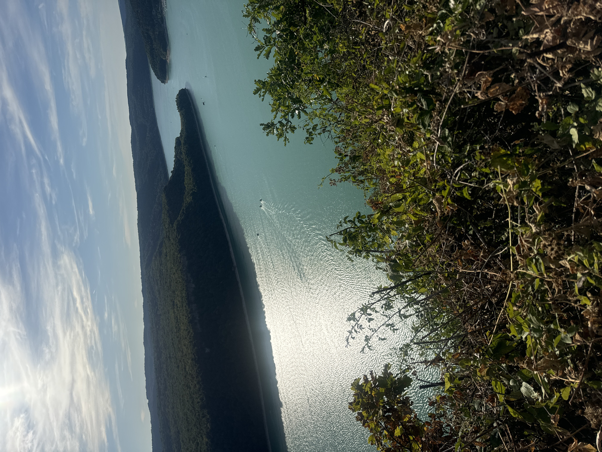 This is an aerial, eye-level, long shot of a scenic landscape featuring a wide, turquoise body of water bordered by densely forested hills. The sun is high in the sky, casting a bright glare on the water's surface, creating a shimmering effect. A small boat is visible in the water, leaving a wake behind it. In the foreground, there are thick, dry branches and green foliage from bushes and trees, suggesting a vantage point from a cliff or elevated area overlooking the scene. The sky is a clear blue with wispy white clouds. The location is the Vouglans Lake, near Moirans-en-Montagne, France.