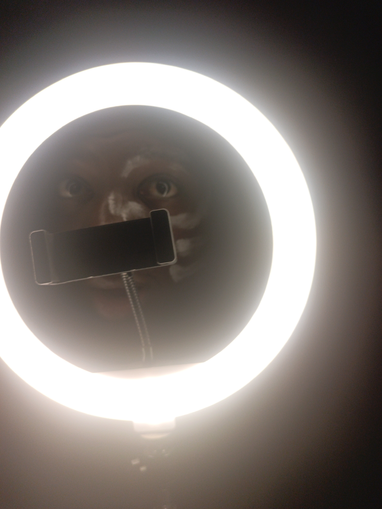 A person's face is centrally positioned, peering through the opening of a brightly lit, circular LED ring light. Their eyes are wide open and looking directly at the viewer, with white, smudged markings visible across their forehead, cheeks, and around the nose. A black, rectangular smartphone holder with silver edges is mounted on a flexible gooseneck stand, extending upwards from the bottom inner rim of the ring light, obscuring the lower part of the person's face. The phone holder is empty. The background beyond the ring light is dark and indistinct, indicating an indoor setting where the ring light serves as the primary illumination. The scene suggests the person is preparing to record a video or take a photograph, possibly with a playful or surprised expression, potentially related to makeup application or a costume. There is no visible text in the image.