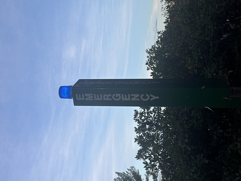A dark green, rectangular emergency call box stands prominently, angled slightly to the right of the frame's center. A bright blue beacon light illuminates its top, suggesting active status. The word "EMERGENCY" is printed vertically in light-colored, capitalized letters on at least two visible sides of the post. Behind the call box, dense green foliage with broad leaves occupies the lower two-thirds of the background. Above the foliage, the sky is light blue with scattered, wispy white clouds. The scene is located in the city of Wellesley, United States. There are no people, specific actions, or interactions depicted.
