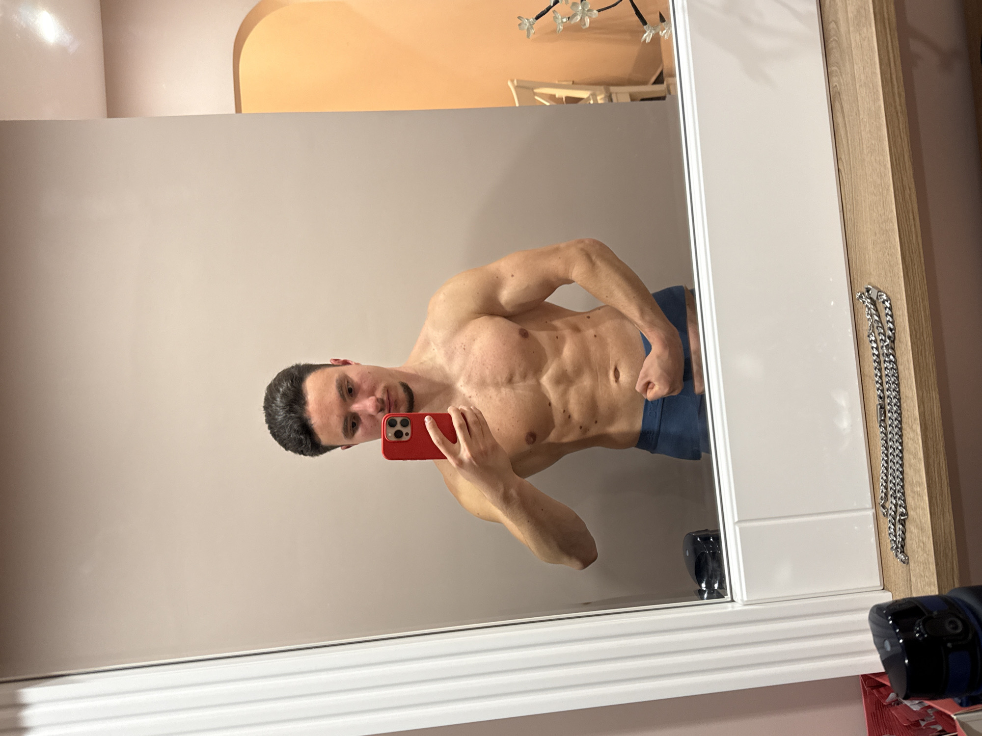A shirtless man is taking a selfie in a mirror. He is holding a red smartphone in his right hand. The mirror is framed in white and has a wooden accent on the right side. A silver chain hangs on the right side of the mirror. The background reflected in the mirror shows a peach-colored wall and a decorative floral arrangement. The man has short dark hair and is wearing blue underwear. The location is likely an indoor bathroom or bedroom. The city of Sofia, Bulgaria is not determinable from the visual information in the image.