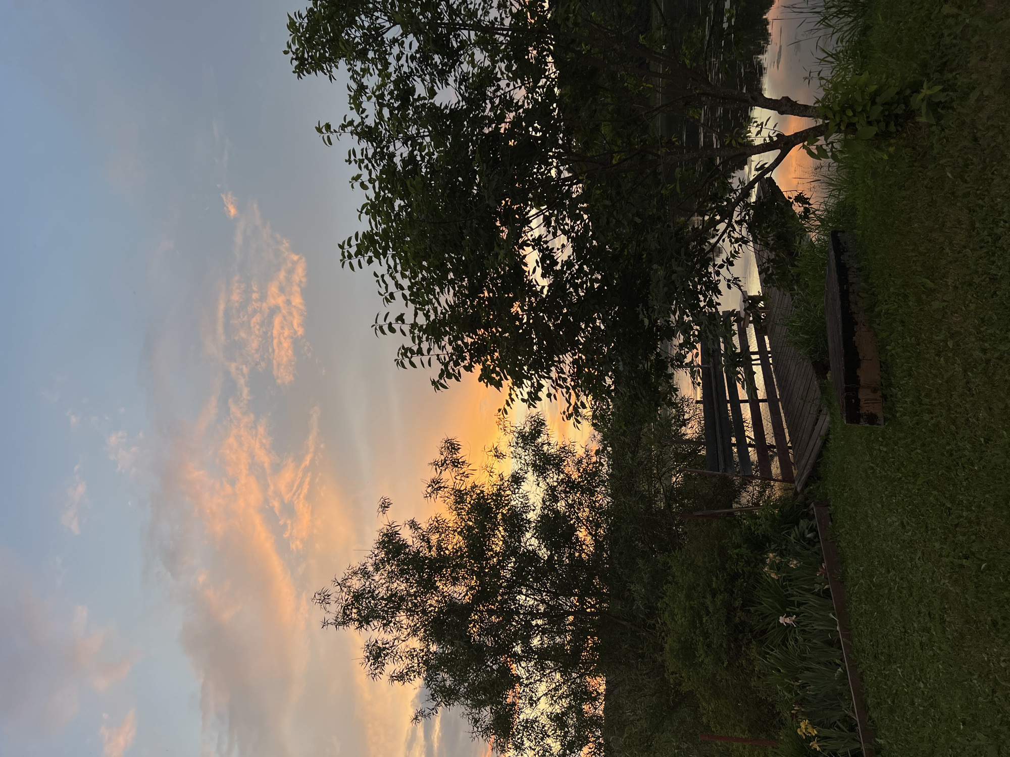 The image depicts a serene evening scene by a body of water, likely in the village of Alnash, Russia. The sky is ablaze with the warm hues of a sunset, with streaks of orange, pink, and yellow illuminating the clouds against a soft blue backdrop. In the foreground, lush green grass covers the ground, with a wooden flowerbed containing various plants and flowers. To the right of the flowerbed, a rustic wooden dock extends into the calm water, with a bench visible on it. Two trees, one on the left with a fuller canopy and another on the right with sparser foliage, frame the scene, their silhouettes contrasting with the vibrant sky. The water reflects the colors of the sunset, creating a mirror-like effect. The overall atmosphere is tranquil and picturesque, suggesting a peaceful rural setting.