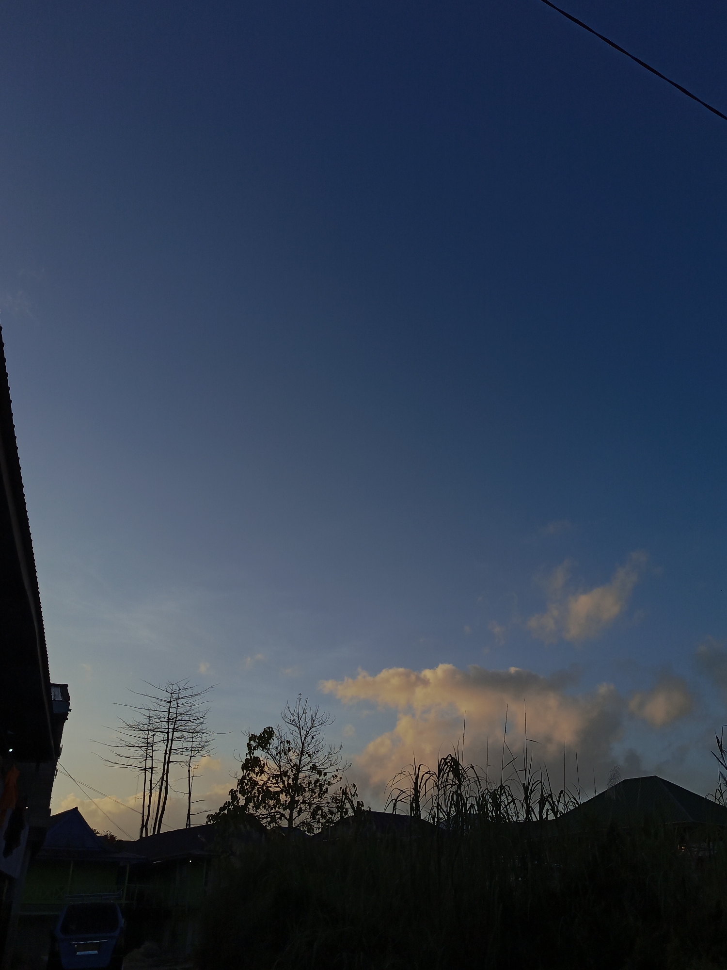 The image depicts a rural landscape at dusk, likely in a suburban or village area of Kendari, Indonesia. The sky transitions from a deep, clear blue at the top to lighter shades of blue and hints of orange and pink near the horizon, indicating the setting or rising sun. Scattered, wispy clouds catch the light, adding texture to the sky.
In the foreground, a dark, silhouetted line of tall, reedy grass and vegetation dominates the lower portion of the frame. Behind this, the dark shapes of buildings and rooftops are visible. One prominent structure in the mid-ground appears to be a house with a dark, sloped roof. To the left, a portion of a building with a dark, angled roof and a section of exterior wall is visible, with some laundry hanging on a line.
Silhouetted against the sky are several bare, spindly trees, their branches reaching upwards like intricate drawings. To their right, a denser, leafier tree also stands in silhouette. In the lower left corner, the dark outline of a vehicle, possibly a car or a van, is parked.
A thin, dark wire, likely an electrical or telephone line, stretches diagonally across the upper right portion of the image, a subtle reminder of human infrastructure within the natural setting. The overall atmosphere is tranquil and serene, characteristic of a quiet evening in a less urbanized area.
