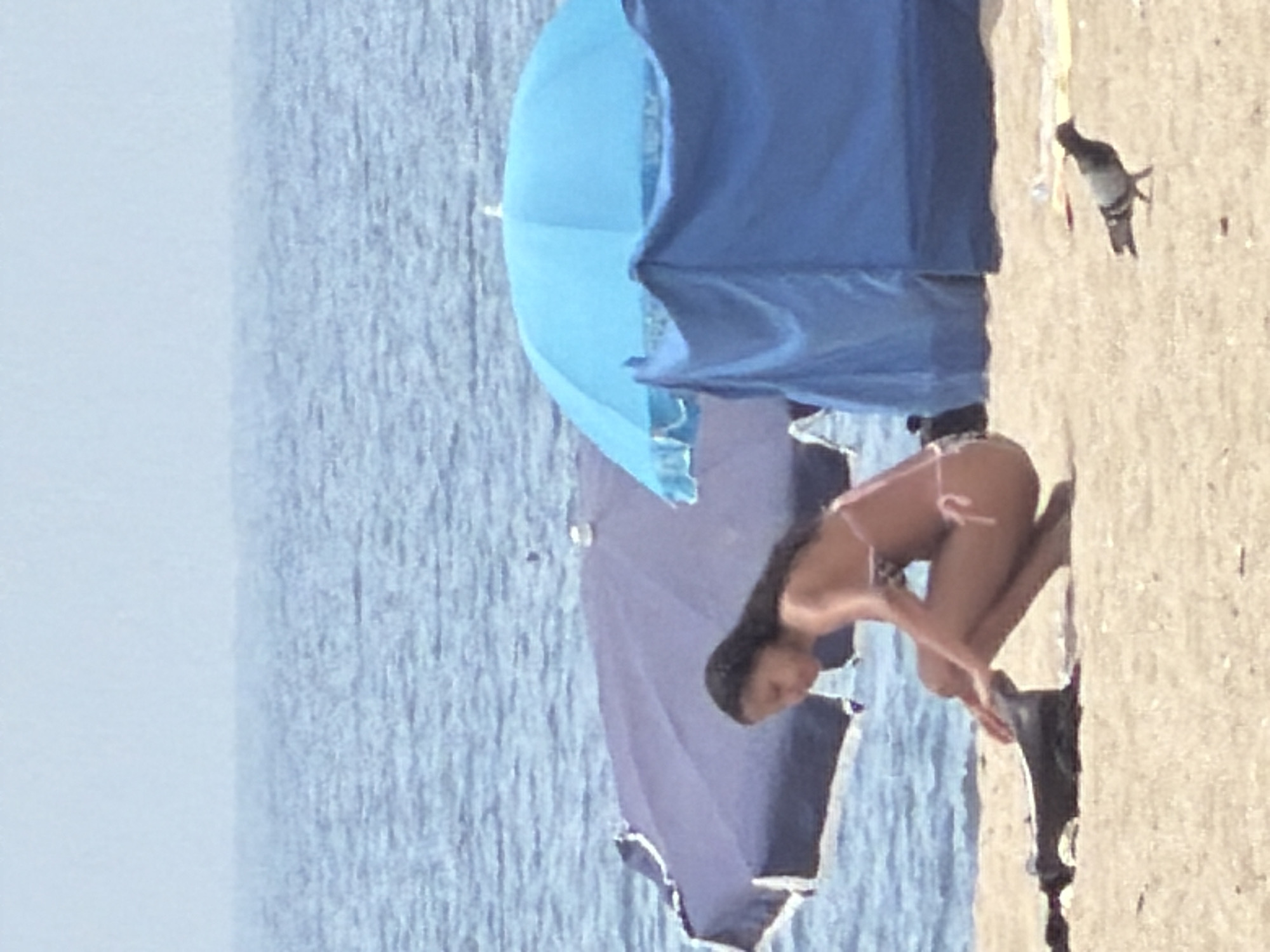 The image depicts a sandy beach scene with the ocean in the background. In the foreground, a young woman wearing a bikini is crouching near a dark-colored bag on the sand. Behind her, a large purple umbrella is visible, and to her right, a blue umbrella and a blue structure, possibly a beach tent, are present. A pigeon is standing on the sand to the right of the woman. The horizon line separates the calm, light blue water from a hazy sky. The overall setting suggests a daytime scene at a beach, potentially in Espinho, Portugal, given the context provided.