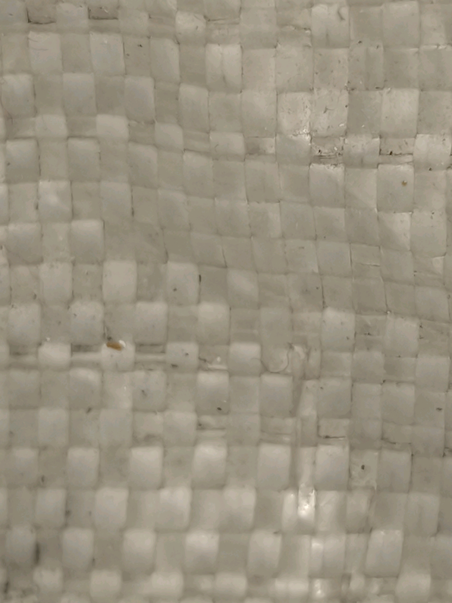 The image shows a close-up, detailed view of a woven white fabric, likely made of polypropylene or a similar synthetic material. The weave consists of perpendicular strands forming a grid pattern of small squares. Some strands appear thicker and more opaque, while others are thinner and more translucent, creating a textured surface. The fabric is slightly wrinkled and uneven, suggesting it might be part of a bag or tarp. There are a few small, dark specks and a small, reddish-brown fiber or piece of debris visible on the surface. The lighting appears to be overhead, creating some glare and highlights on the smoother parts of the weave. The context of the city of Karachayevsk, Russia, is not visually present in this close-up texture shot.