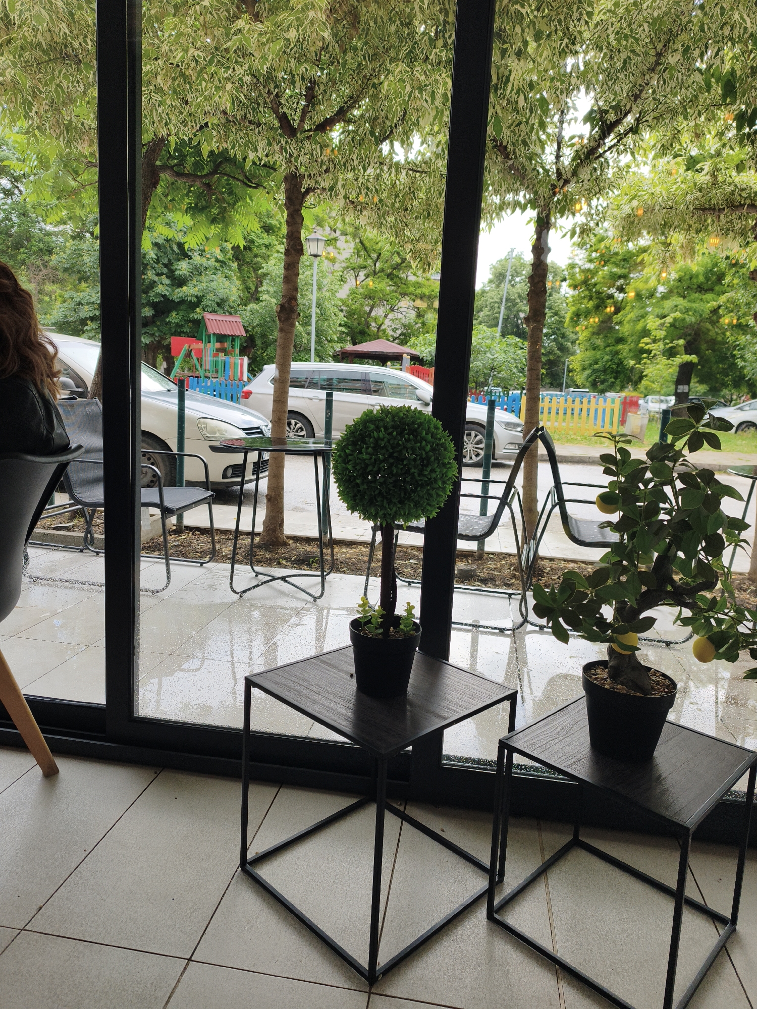 The image depicts an interior scene in Plovdiv, Bulgaria, looking out onto an exterior streetscape through a large glass window. The interior features a light tile floor and dark metal-framed side tables, each holding a potted plant. One plant is a spherical topiary, the other a miniature citrus tree bearing yellow fruit. Outside the window, there is a wet, paved area with outdoor seating, including metal chairs and a small table. Beyond the seating, a row of trees lines the street, and cars are parked along the curb. In the background, a colorful playground structure is visible. A person with long, reddish-brown hair is seated partially visible on the left. The overall atmosphere is one of a café or restaurant interior with a view of a street on a rainy day.