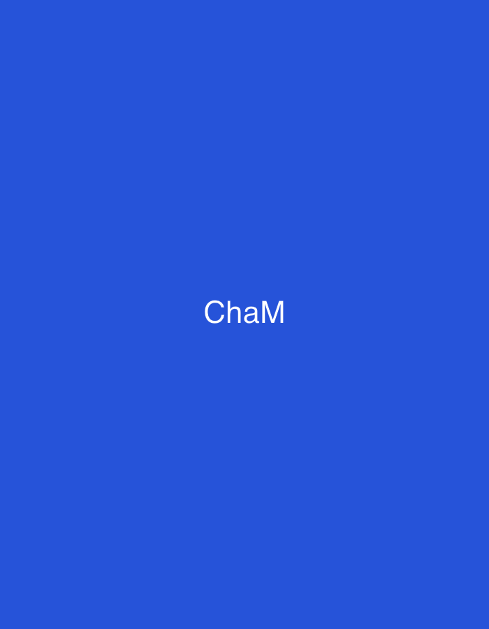 The image displays a solid royal blue background. Centrally positioned on this background is the white text "ChaM". No other subjects, objects, people, or actions are depicted within the frame. The scene is located in the city of Casablanca, Morocco.