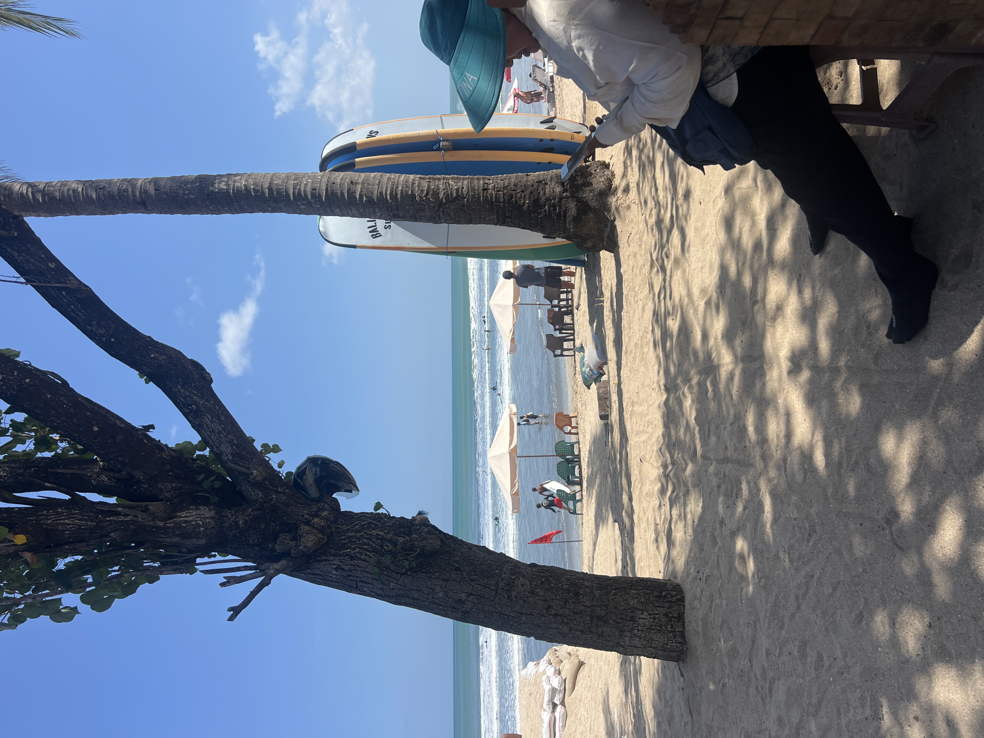 A beach scene in Kuta, Indonesia, with a large tree in the foreground casting shadows on the sand. In the background, the ocean is visible with gentle waves and several people surfing. A group of beach chairs and umbrellas are set up near the water, and a red flag is planted in the sand. Two surfboards are propped against a palm tree. A person wearing a wide-brimmed hat and light-colored shirt is sitting on a chair, looking at their phone. The sky is clear and blue.