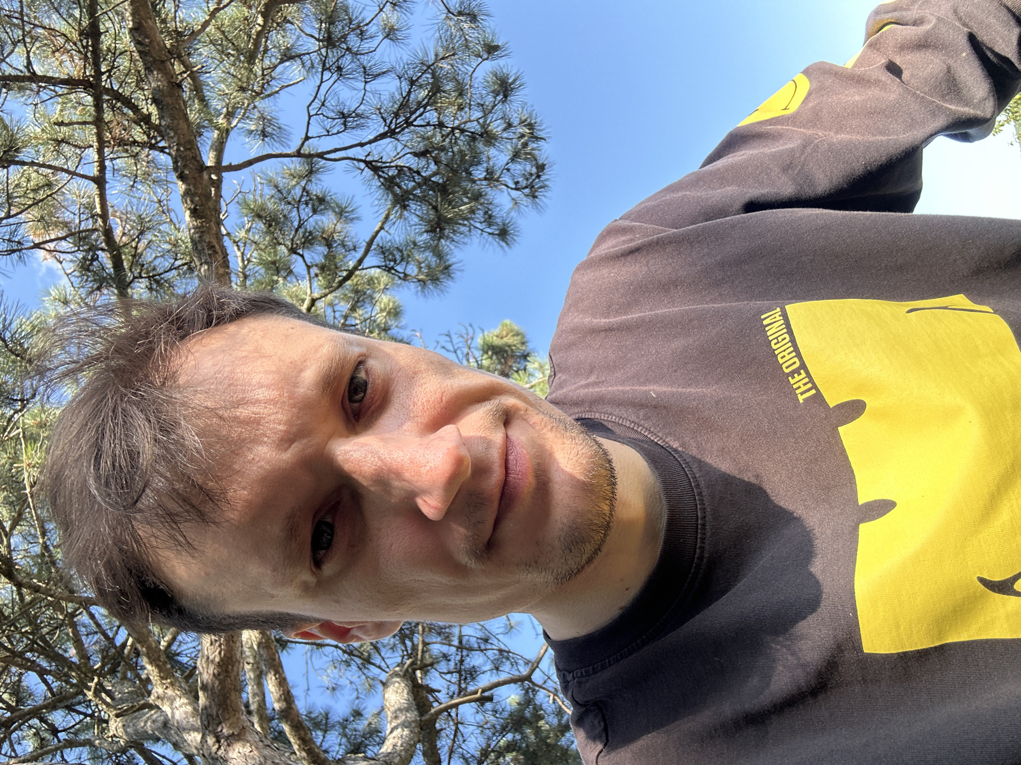 This is a selfie taken outdoors in Velykozalissia, Ukraine. A man with short, dark hair is looking directly at the camera. He is wearing a dark-colored long-sleeved t-shirt with a large yellow graphic on the front that says "THE ORIGINAL". Part of a tree with green pine needles and brown branches is visible in the upper left portion of the image, as is a clear blue sky. The man appears to be in his late twenties or early thirties, with fair skin and some stubble on his chin. The lighting suggests it is daytime, possibly late morning or early afternoon, with the sun casting shadows on the man's t-shirt.