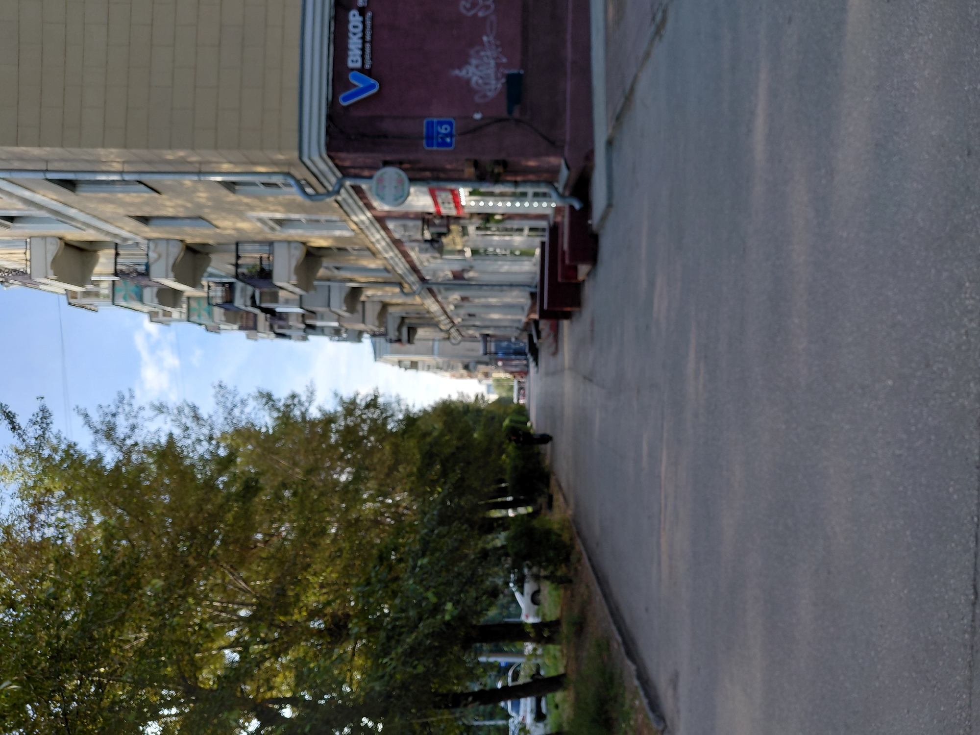 The image depicts a street in Novosibirsk, Russia, with a focus on a sidewalk and the facade of a building. Tall trees line the left side of the sidewalk, their leaves a mix of green and yellow, suggesting it is likely autumn. A paved road runs alongside the sidewalk.
On the right side of the street, a multi-story building with a light yellow facade is visible. The building has numerous balconies with ornate railings and windows. Several storefronts are located on the ground floor, some with illuminated signs and glass entrances. A prominent sign with a blue "V" logo and Cyrillic text, likely the name of a business, is affixed to the building. A blue street sign with the number "6" is also visible. The building's lower level is painted a deep reddish-purple.
A few cars are parked along the street, and a person on a bicycle or scooter is seen in the distance on the sidewalk. The sky is a clear blue with some scattered white clouds. The overall scene suggests a typical urban streetscape in a Russian city.