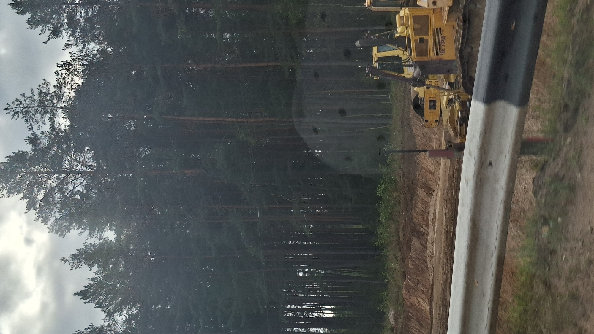 A medium shot captures a road construction scene adjacent to a dense forest of tall pine trees. In the foreground, a grey and black guardrail runs horizontally across the lower part of the frame. Behind the guardrail, a leveled dirt area with tiered embankments suggests ongoing road work. Two yellow construction vehicles, a roller and a bulldozer, are present on the construction site. The bulldozer has the Cyrillic text "ЧЕТРА" visible on its side. The background is dominated by a thick pine forest under a cloudy sky. The overall impression is one of an active construction project in a rural, forested environment. The location is Бягомльскі сельскі Савет, Belarus.