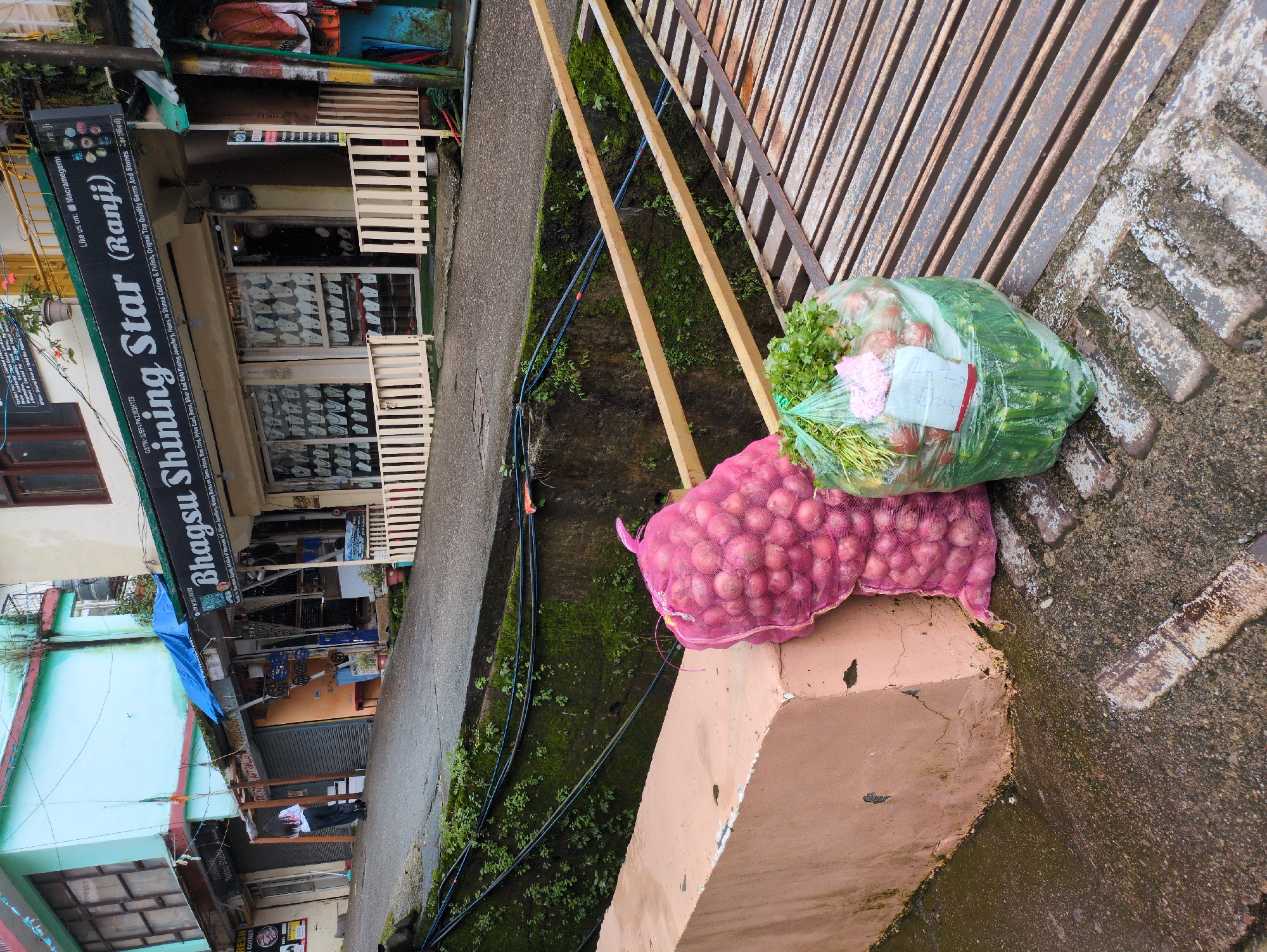 In Bhagsu, India, a street scene unfolds with commercial establishments and market goods. A prominent storefront displays a sign for "Shining Star (Ranji)" featuring jewelry, with mannequins showcasing necklaces. Adjacent shops include a tattoo studio and a traditional art gallery. In the foreground, two large plastic bags of produce are placed on a weathered metal grate. One bag, made of pink mesh, is filled with red onions. The other, a clear plastic bag, contains a mix of vegetables, including what appears to be tomatoes and okra, along with leafy greens like cilantro. A person in a white shirt and dark pants walks away from the shops, adding a human element to the urban landscape. The street slopes downwards, with moss-covered walls and electrical wires visible along the incline. The overall impression is a bustling market area on a sloped street in an Indian town.