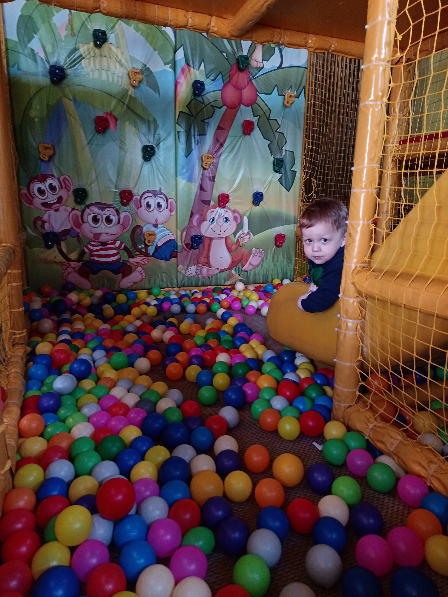 A young child with red hair is in a ball pit, the walls of which are covered in yellow netting and padded poles. The background features a jungle-themed mural with monkeys. The location in the city of Osa, Russia, is unknown.