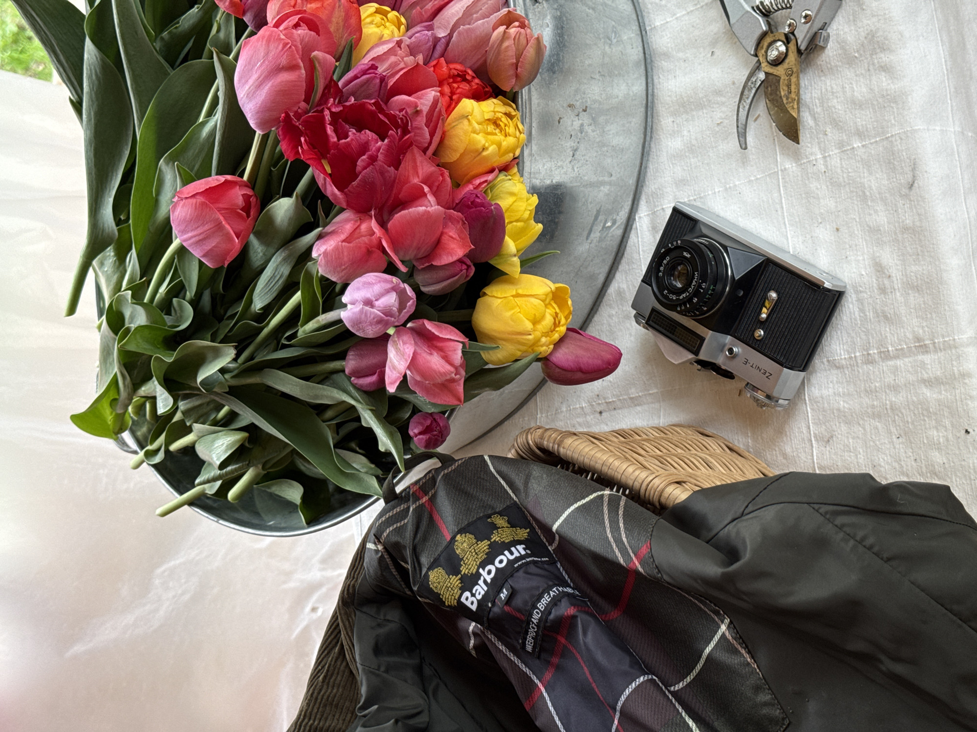 A still life photograph features a collection of objects arranged on a wrinkled white surface. To the left, a variety of red, pink, and yellow tulips fill a galvanized metal bucket, with lush green leaves cascading over the edge. To the right of the bucket, a pair of silver gardening shears rests alongside a black and silver vintage camera. In the foreground, a dark green Barbour jacket is folded with its interior tartan lining visible. The brand label "Barbour" is prominently displayed on the lining, along with the size "M" and the words "WATERPROOF AND BREATHABLE." The camera’s marking, “ZENIT-E,” is visible, along with “INDUSTAR-50-2” and “3.5/50” on the lens, indicating the lens type and aperture. Part of a woven basket is also visible, slightly obscured by the jacket. The scene appears to be indoors.