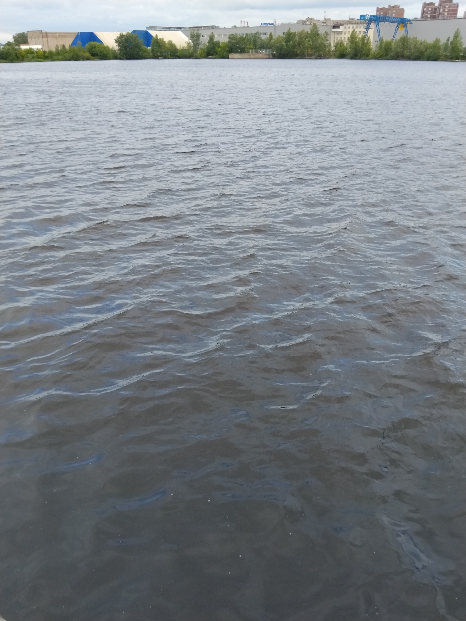 A wide shot captures a body of dark, rippling water in the foreground. In the background, across the water, is a shoreline with a line of green trees and various buildings. The buildings appear to be industrial or commercial structures, with some featuring tan and blue coverings. A prominent blue gantry crane is visible on the right side of the shoreline, with residential buildings also present in the distance. The sky above is overcast. The location is identified as Unknown, Unknown.