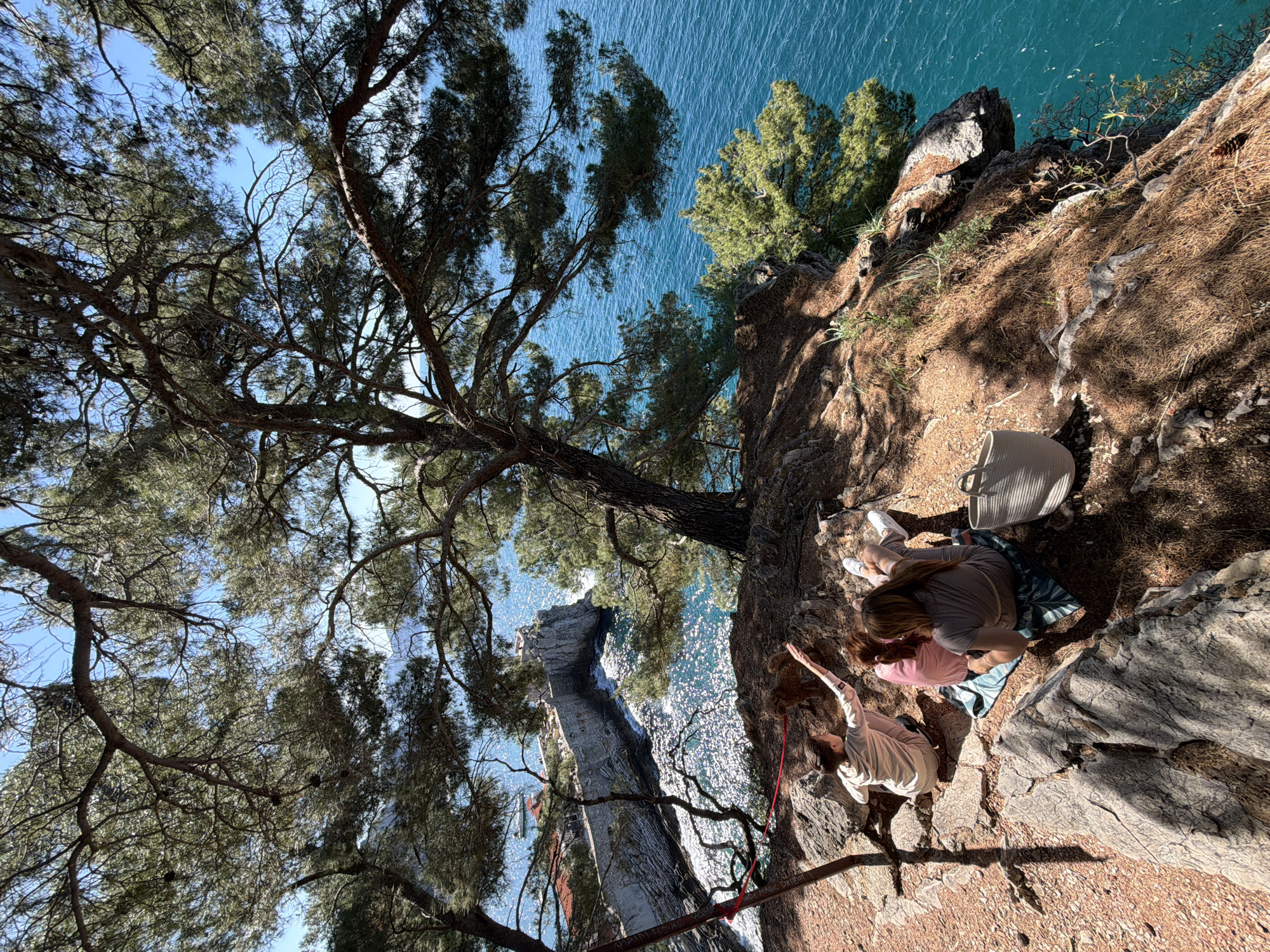 The image captures a scene from Petrovac centar, Montenegro, taken from an elevated vantage point, likely near the coast. The camera is angled downwards, providing a view of the coastline and the Adriatic Sea.
Two individuals are visible, a woman lying on a blanket, a bag to her left, and another one, further down the frame with her arm raised and her gaze directed toward the rock formation, near a red rope. The women are positioned on a rocky, sloping terrain covered with pine needles and other vegetation, suggesting they're on a cliffside or elevated area.
The background reveals a clear, blue sea with some visible texture, and a rocky outcrop extending into the sea. On the other side there is a tree. The sky is visible through the tree.