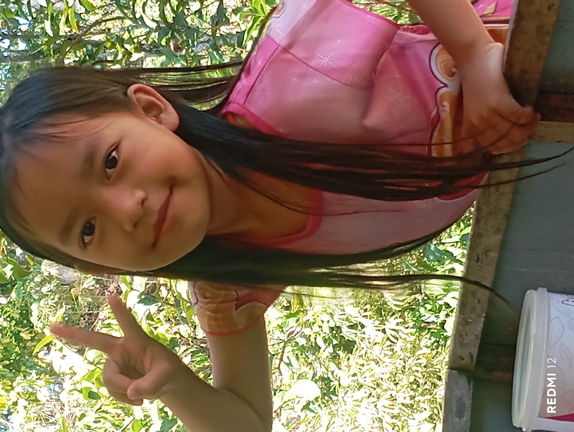 The media file shows a young East Asian girl with long, dark hair, smiling and making a peace sign with her left hand. She is wearing a pink top with white sparkle patterns. Her right hand is resting on a wooden beam, and her left arm is bent, with her hand in front of her chest. The background is filled with green foliage and branches, suggesting an outdoor setting. The lighting indicates it is daytime, possibly sunny. The image appears to be a selfie. Visible text on a white container in the lower right corner reads "REDMI 12". The location context is Pagar Alam, Indonesia.