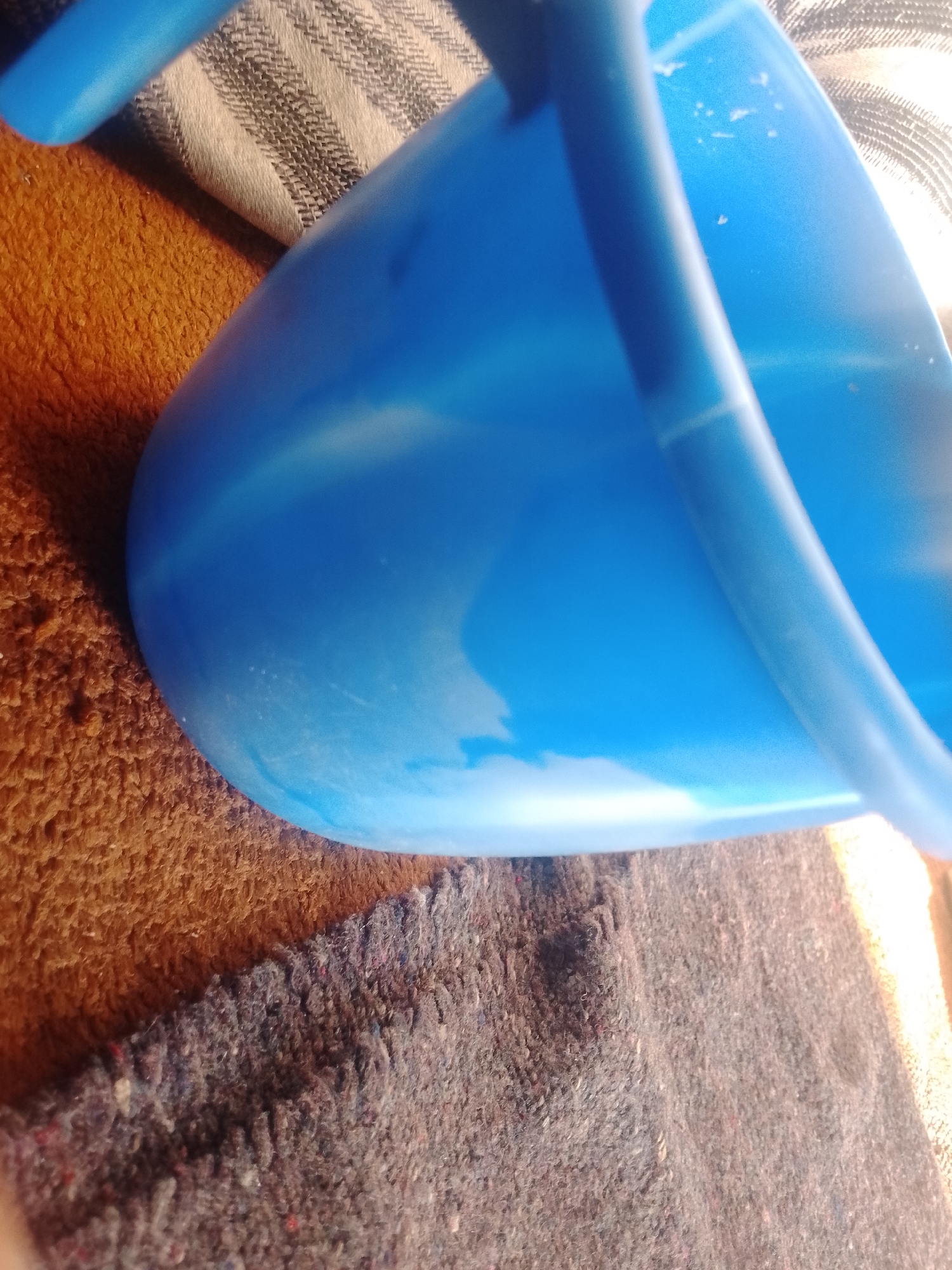 An indoor, eye-level, close-up shot shows a blue plastic bucket in the foreground, angled toward the viewer. The bucket has a curved handle that extends out of the frame at the top left. The interior of the bucket is visible and appears to contain a small amount of water, with some white debris scattered on the surface. The exterior of the bucket is smooth and shiny, reflecting the light.
The bucket is resting on two different textured surfaces. To the left of the bucket is a fuzzy, rust-colored material, possibly a rug or blanket. To the bottom and right of the bucket is a darker, rougher fabric with visible fibers, also appearing to be a textile. Behind the bucket, on the left side of the frame, is a striped fabric with alternating bands of white and dark gray. The lighting in the scene is bright, creating reflections on the plastic surface of the bucket and casting subtle shadows on the surrounding materials. The overall impression is that of an ordinary household object in a domestic setting.