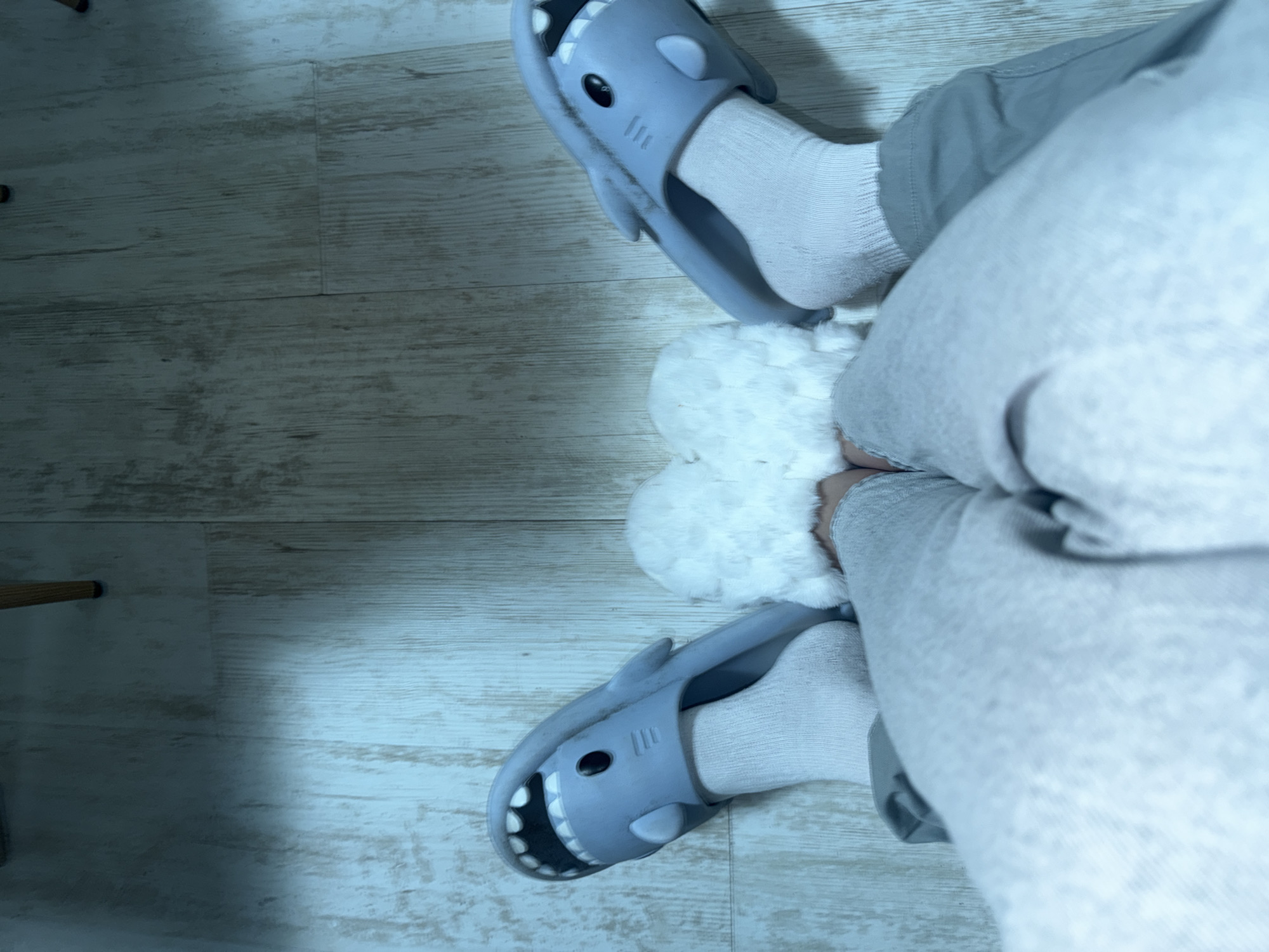 The image captures a close-up, top-down view of a person's lower legs and feet in an indoor setting. The individual is wearing light blue, cartoon-like shark-shaped slippers over white socks. One foot is positioned slightly above the other, both resting on a soft, white, fluffy rug or mat. The person is also wearing light-colored, possibly grey, comfortable trousers or sweatpants, partially visible on the right side of the frame.
The floor beneath and around the rug is made of light-toned wooden or laminate planks, showing distinct grain patterns and seams. The lighting in the scene appears cool-toned, possibly from an artificial light source, creating subtle shadows. The overall atmosphere suggests a casual and relaxed indoor environment. No specific activity beyond standing or resting is clearly depicted.
There are no visible texts or distinguishable features to indicate a precise time of day or weather conditions. The location context provided for this image is Plovdiv, Bulgaria, though no visual cues within the image confirm this.