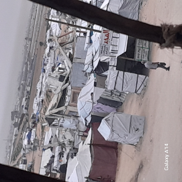 The image displays an elevated view of a densely populated, makeshift settlement located in Khan Yunis, Palestinian Territory, under a uniformly overcast sky. The scene is characterized by numerous temporary shelters and structures constructed from various materials, primarily white and colored tarpaulins, fabric sheets, and corrugated metal. Many structures exhibit signs of disrepair, with some roofs appearing partially collapsed or heavily sagged.
In the mid-ground, a prominent structure features a white rectangular sign with red Arabic text, reading "المجد" (Al-Majd) and additional smaller text underneath, indicating a commercial or service establishment, possibly "لصرف العملات الأجنبية" (for currency exchange). Throughout the encampment, pathways of exposed sand or dirt wind between the closely packed dwellings. Smaller, tent-like cubicles, possibly latrines or individual stalls, are visible.
In the lower-right foreground, a single adult male, dressed in a light-colored shirt and dark trousers, walks from right to left on a dirt path, carrying a dark object in his left hand. On the far right, a dark, fibrous tree trunk partially obscures the view. In the background, the settlement extends onto a more barren, sandy landscape where additional, less dense temporary structures are scattered towards a hazy horizon. The entire environment suggests conditions of displacement or a refugee camp. The bottom-left corner includes a "Galaxy A14" watermark.