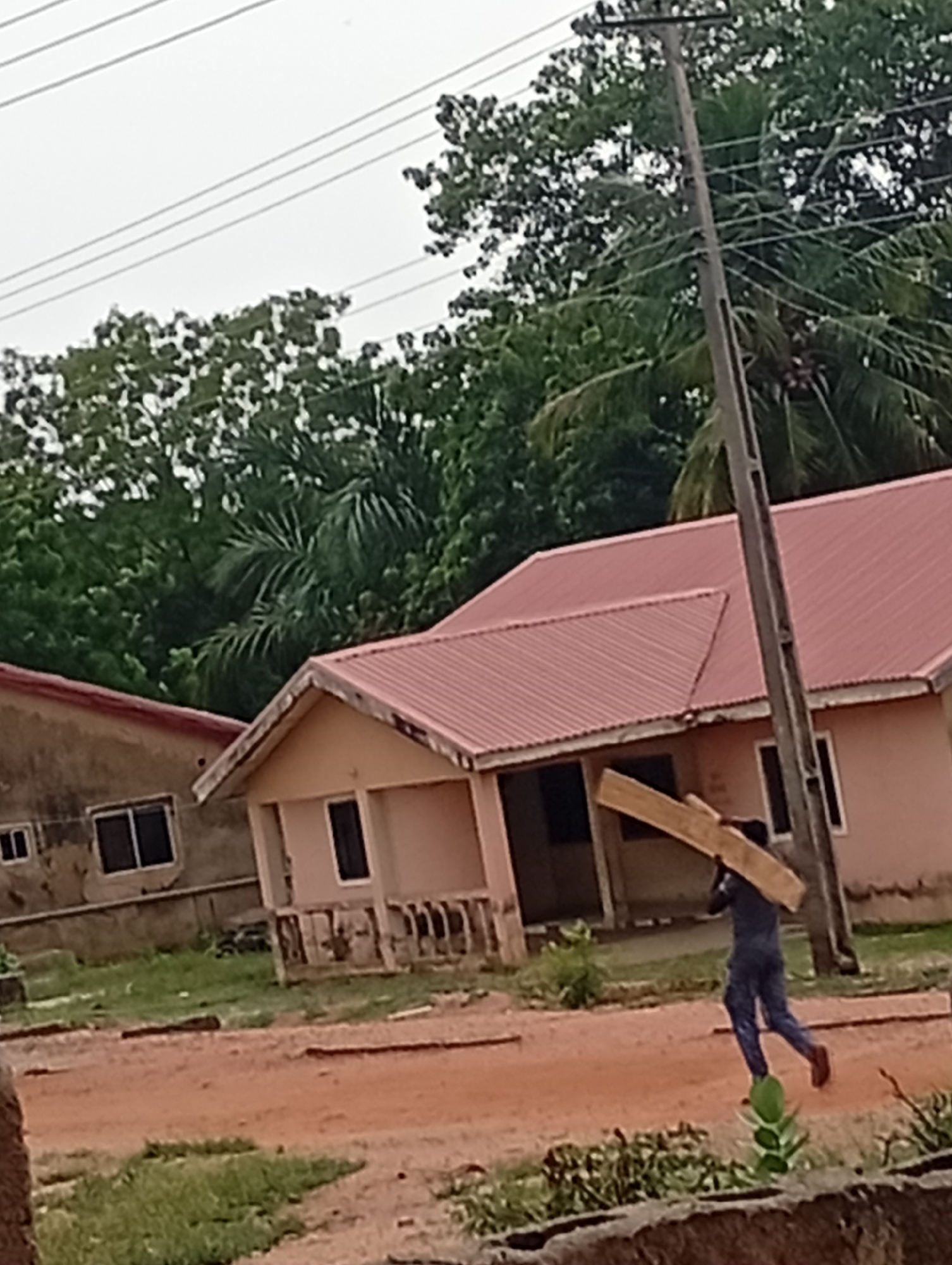 The photograph depicts an outdoor scene in Adankolo, Nigeria. A person is carrying wooden planks on their shoulder. The individual is wearing a dark blue suit and appears to be running. The environment consists of houses with corrugated metal roofs, a utility pole, and various trees. The ground is reddish-brown dirt.