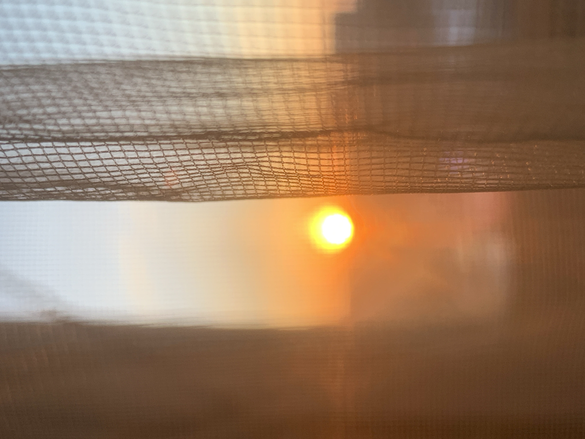 A hazy orange sun shines through a partially obscured window covered with a mesh curtain. The window obscures details outside, but the sun is visible. The surrounding environment is blurry due to the window covering. There are no visible people, subjects, objects beyond the window and curtain. There are no actions or interactions visible. There is no information that identifies Izhevsk, Russia.