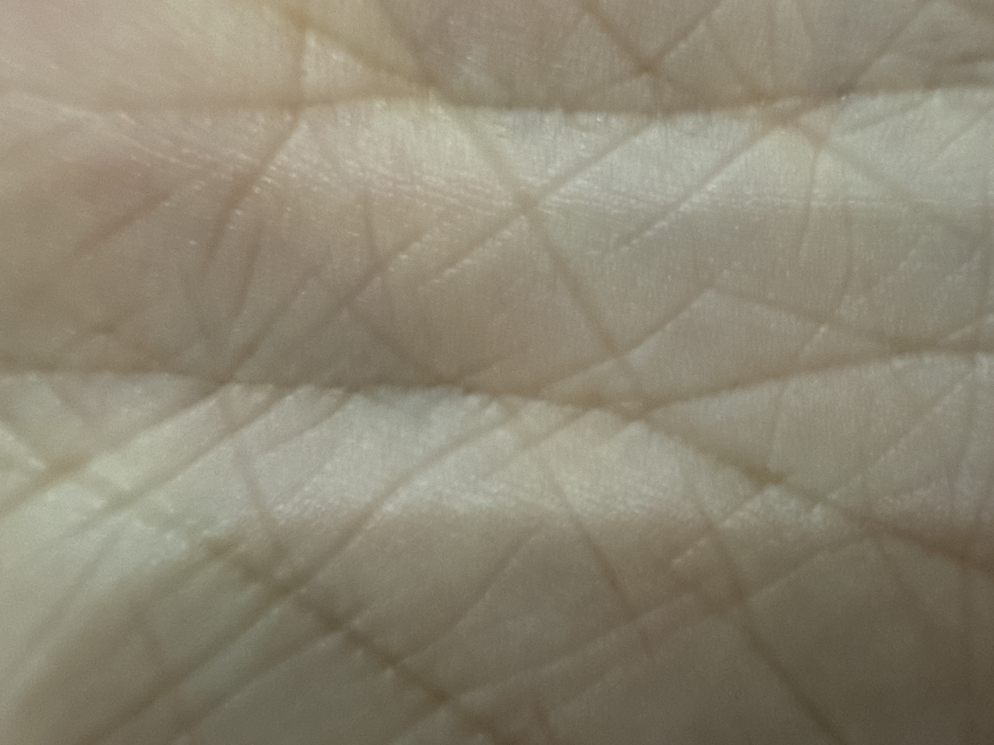 The image is a close-up, macro photograph of a person's palm, showing the intricate lines and texture of the skin. The lighting creates shadows that accentuate the ridges and creases, giving the impression of a topographical map. The skin appears pale and smooth, with a few subtle reflections of light. There are no discernible objects, people, or environmental features visible in the frame. The location in Saratov, Russia, is not determinable from the image content.