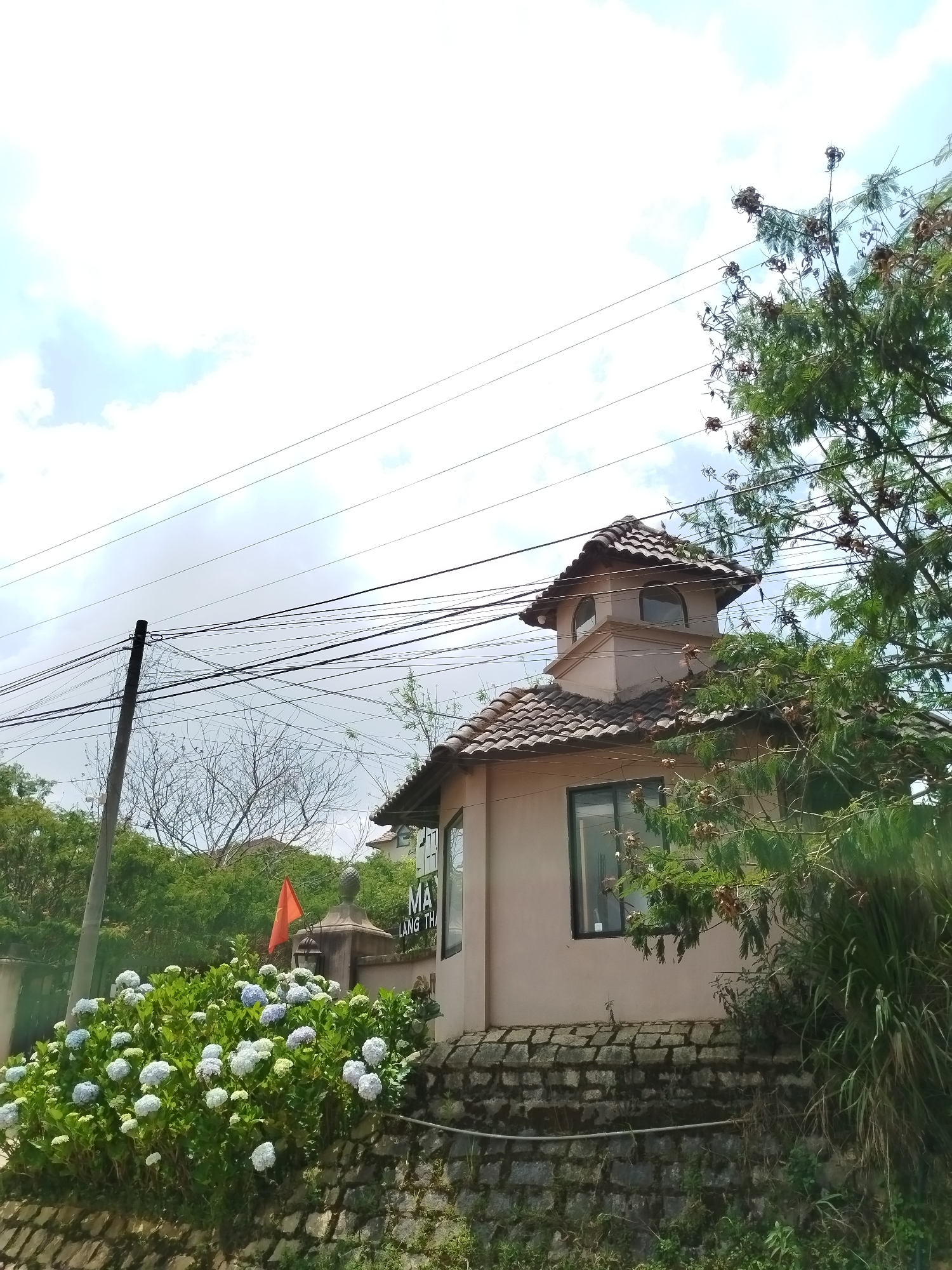 The image depicts a building in Lang Biang - Đà Lạt, Vietnam. The building has a light pink facade, a tiled roof, and a turret-like structure on top. A window with a dark frame is visible on the side of the building. In front of the building, there is a low stone wall with a large bush of white and light blue hydrangeas. An orange flag is visible behind the bush. A utility pole with multiple wires runs across the top of the image. The sky is partly cloudy. Trees and other greenery surround the building.