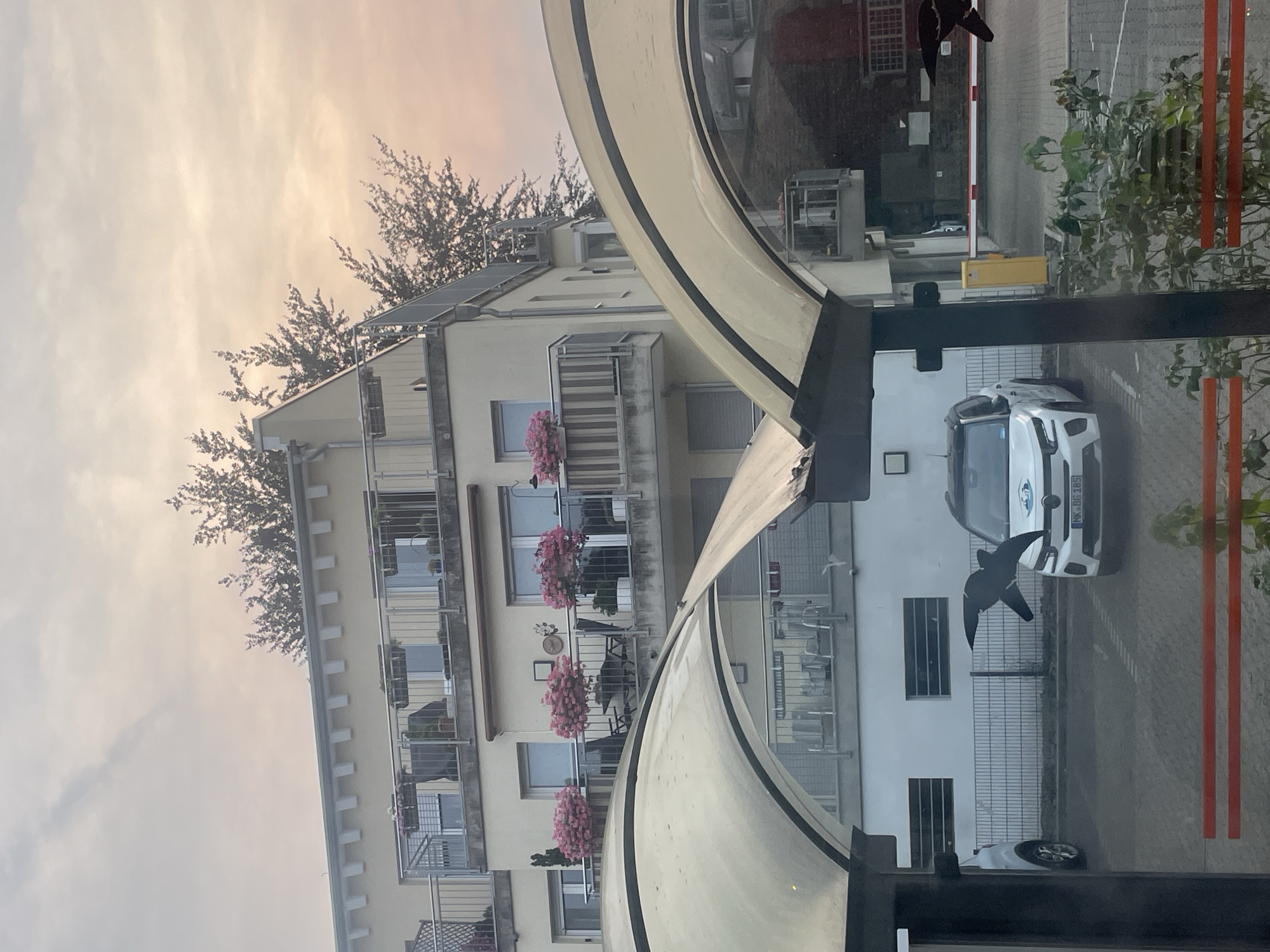 The image depicts an exterior view of a multi-story apartment building and its surroundings, likely captured during dusk or dawn due to the soft, diffused lighting and the warm hues in the sky. A large, light-colored awning or canopy dominates the foreground, obscuring a portion of the building and the sky above.
The building itself is modern in design, with multiple balconies adorned with hanging planters filled with vibrant pink flowers. The balconies have metal railings. Above the building, the branches of trees are visible against the pale sky, which is tinged with soft pink and orange.
In the middle ground, a white car with a black roof is parked in what appears to be a parking lot. The car has a license plate that reads "MK BG 185". A silhouette of a bird in flight is positioned in front of the car, seemingly in motion across the frame. A metal fence runs behind the car.
To the right, a yellow bollard and a red and white barrier arm are visible, suggesting a controlled entry or exit point for the parking area. Green foliage is present in the lower right corner of the image.
The scene suggests a residential area in Iserlohn, Germany, characterized by its apartment buildings, parking facilities, and landscaping. The presence of the bird silhouette adds a dynamic element to the otherwise static urban environment.