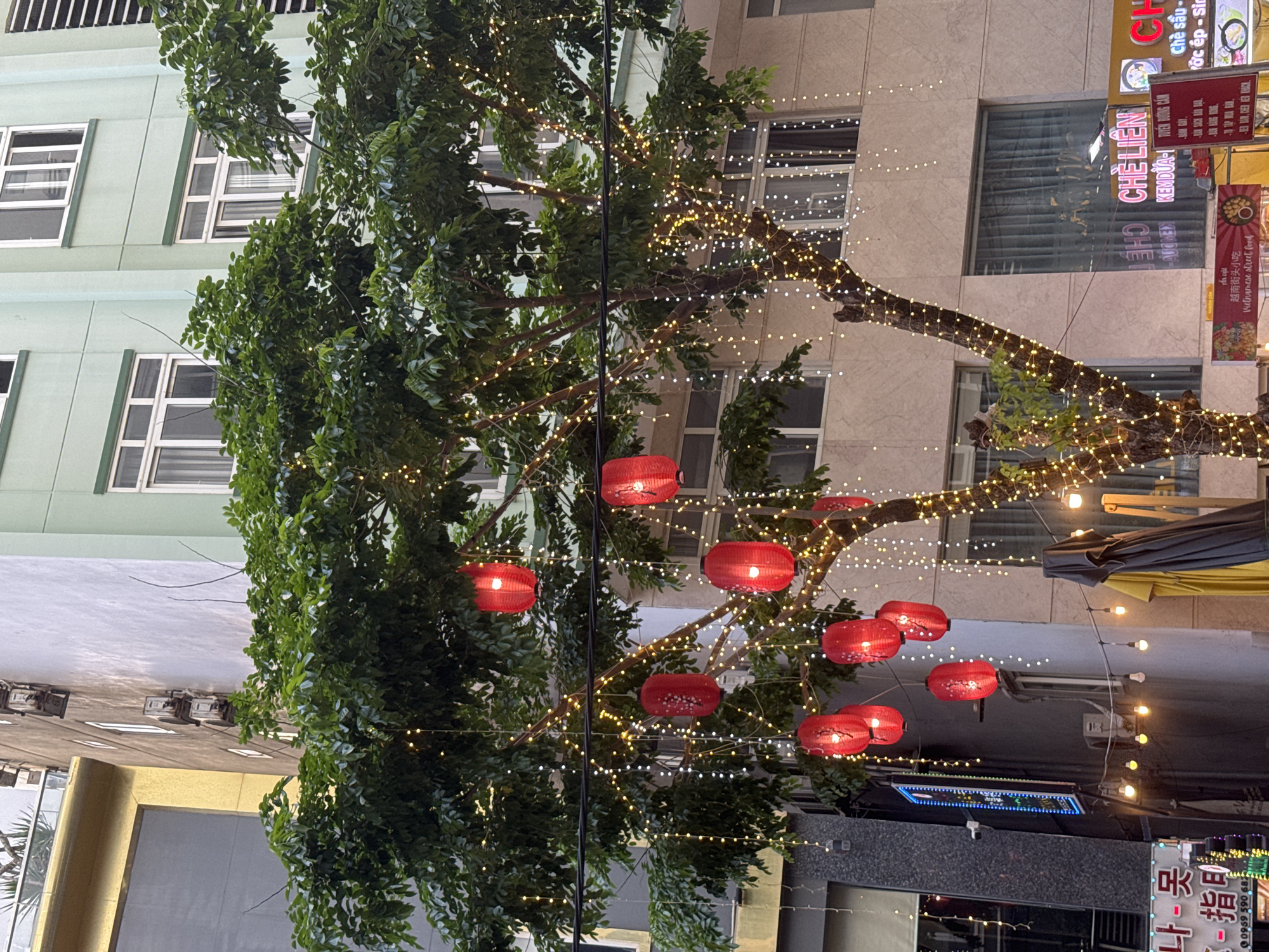 The image captures an urban street scene in Đà Nẵng, Vietnam, featuring a tree decorated with strings of small white lights and numerous round, red lanterns. Buildings line both sides of the narrow street, with one structure showcasing a pale green facade and multi-paned windows. Another building features a beige exterior with windows. On the right side, there's a signage indicating "CHÈ LIÊN" with text written in Vietnamese and other languages, pointing to Vietnamese street food. Various commercial signs and lighting fixtures illuminate the street. The general atmosphere suggests a nighttime or evening setting, with the lights adding to the ambience.