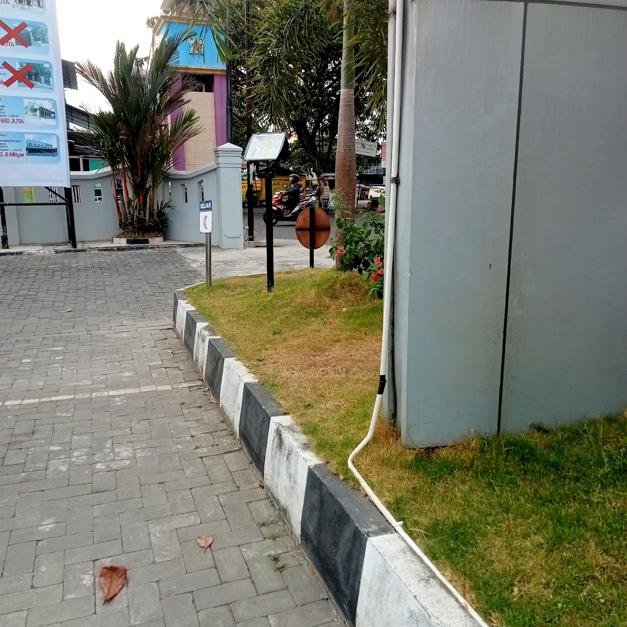 The image depicts a paved walkway with interlocking gray pavers, bordered by a concrete curb painted with alternating black and white stripes. A patch of grass, with areas of dry yellowing mixed with green, is situated beyond the curb. To the left, a tall, narrow sign with the word "KELUAR" (Exit) and an arrow pointing left is mounted on a pole. Behind the curb, a tall, slender palm tree with red-tinged fronds stands in a planter. Further back, a building with a blue and purple facade is visible, alongside a light pole with a large floodlight. A motorcycle with a rider is seen in the middle ground, and a dark circular object with a cross shape is mounted on a pole in the grassy area. The right side of the image is dominated by a large, gray, flat-surfaced wall, likely part of a building or structure, with a white pipe running vertically along its left edge. The scene appears to be an outdoor area, possibly a parking lot or entrance to a facility, in Karanganyar, Indonesia.